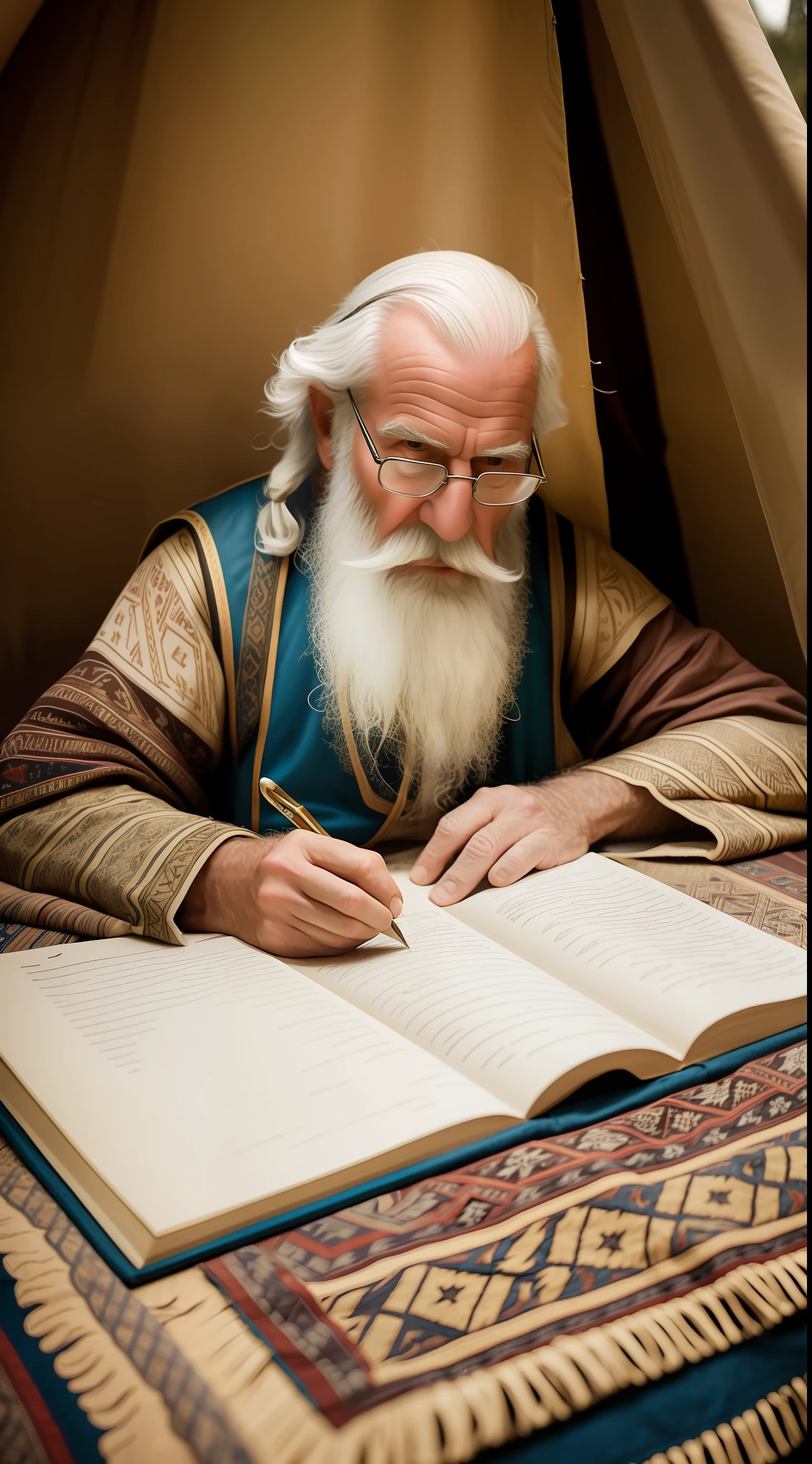 An old man, long white hair, full body, long white beard, writing a papyrus, is inside a tent, farthest view of the tent, big tent, lots of details, candlelight, hyper realistic, effect photography, 8k, super detailed, biblical, Hebrew descendant. --auto --s2