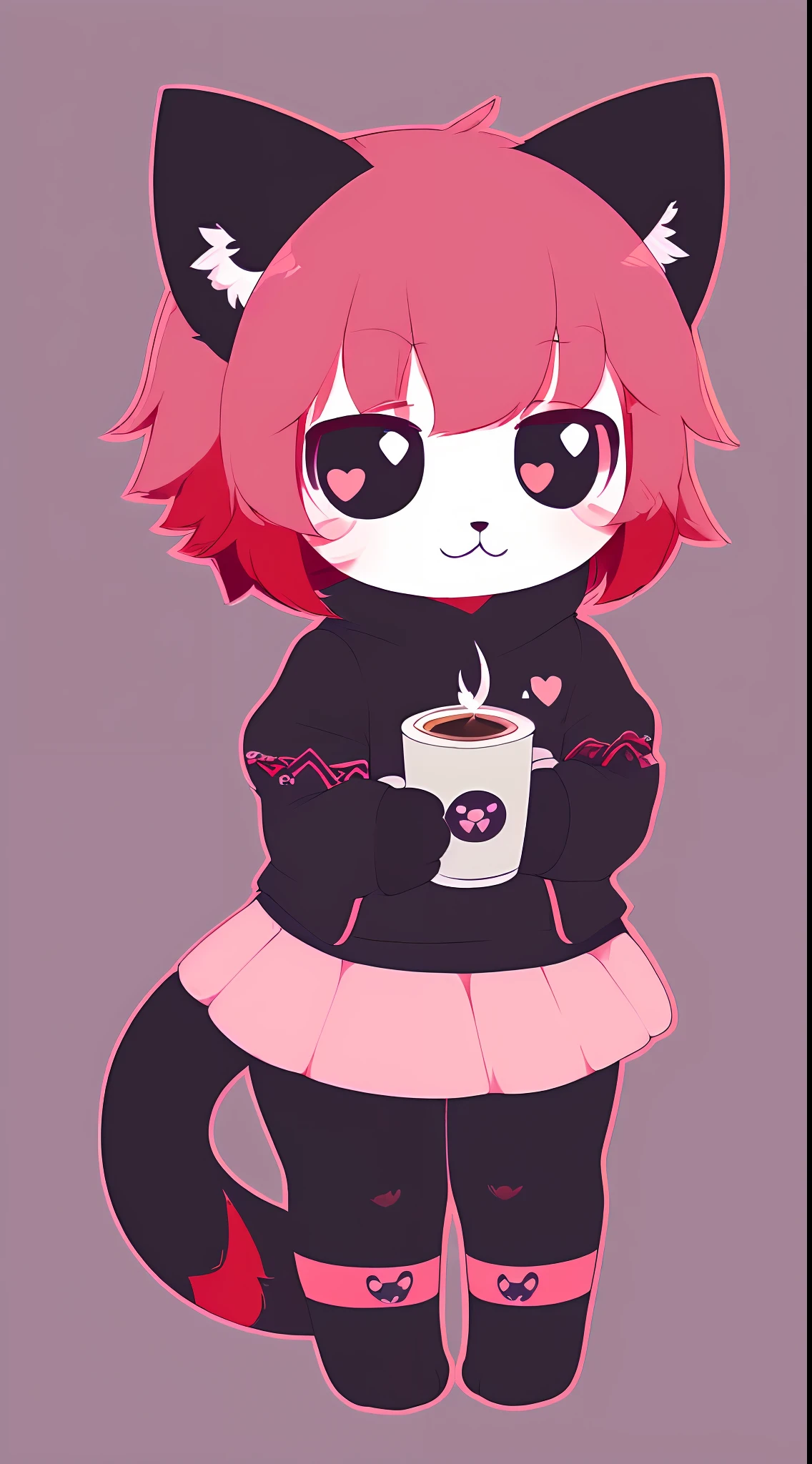 "(Cute:1.2|Kawaii:1.3|chibi:1.4),(Cat:1.2),((1girl)),(solo),(skull,twilight background),((flat colors black and red)) ((Holding a cup of coffee with cat paws)) ((Cute caffe)) ((cute gat))