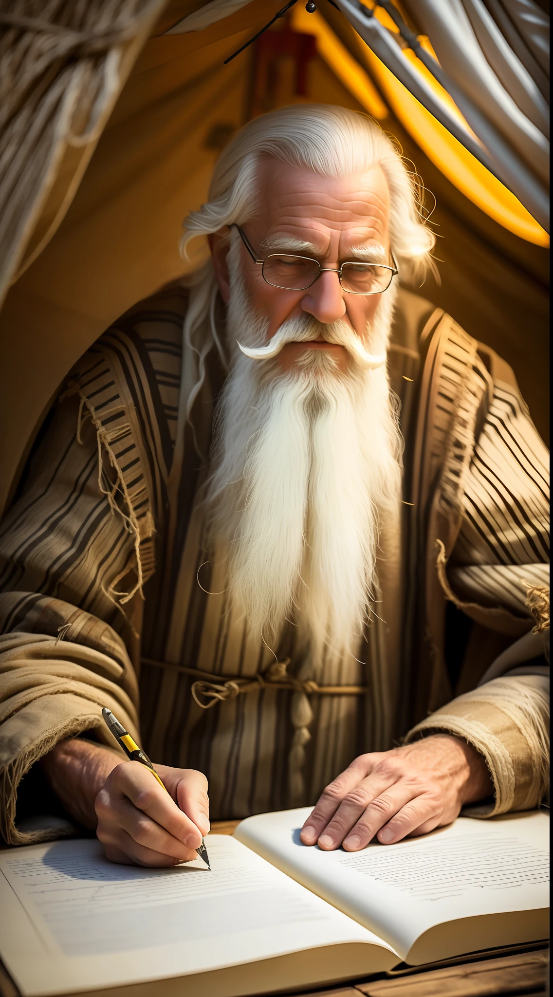 An old man, long white hair, full body, long white beard, writing a papyrus, is inside a tent, farthest view of the tent, big tent, lots of details, candlelight, hyper realistic, effect photography, 8k, super detailed, biblical, Hebrew descendant. --auto --s2