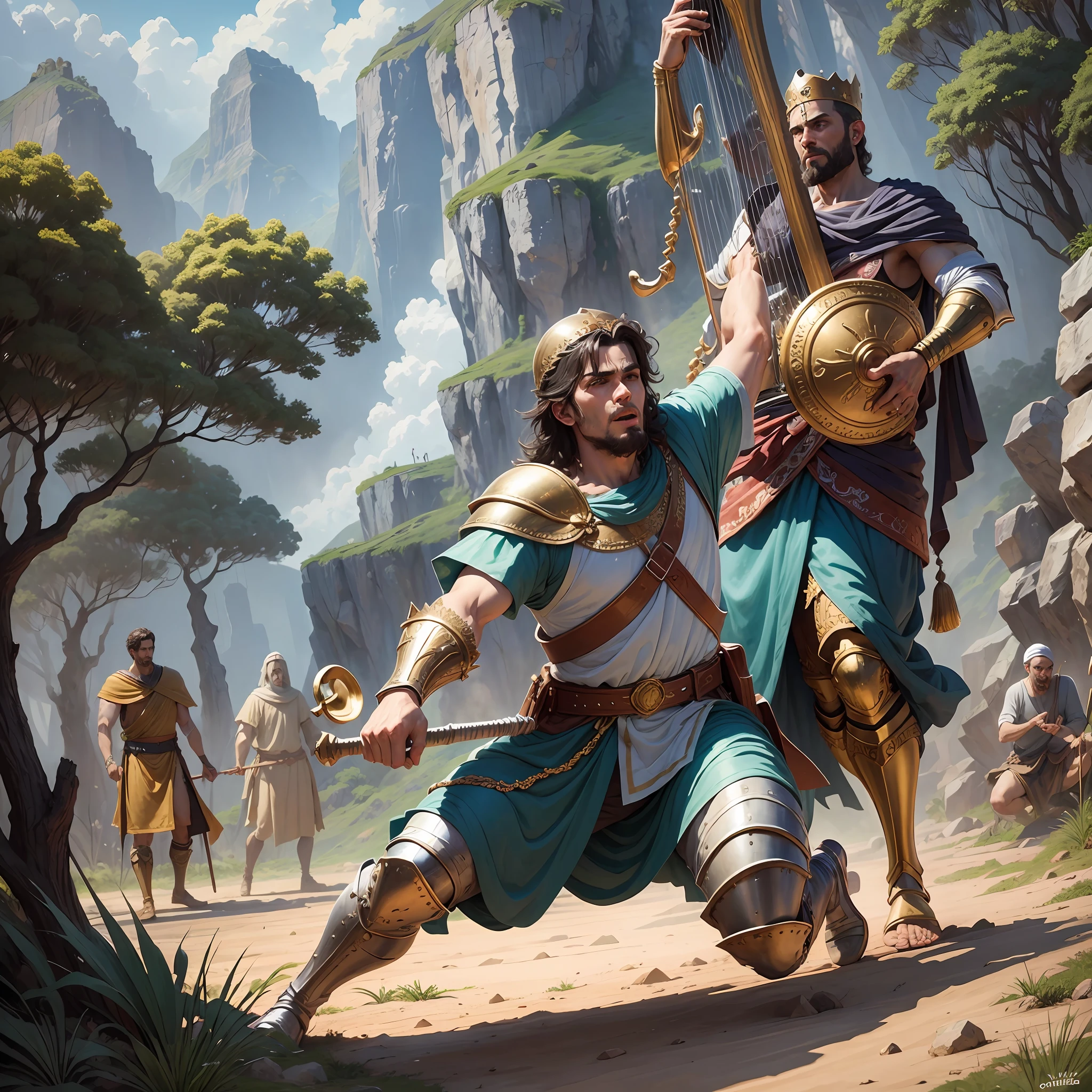 No livro de 1 Samuel, has an amazing story about choosing a king. Deus disse a Samuel: "Vou escolher um rei especial para o povo de Israel". Samuel began to search and found a young man named David. Ele era corajoso, funny and knew how to play the harp like no one else! David became a hero and faced an evil giant named Goliath. Foi uma verdadeira luta de batalha de risos!