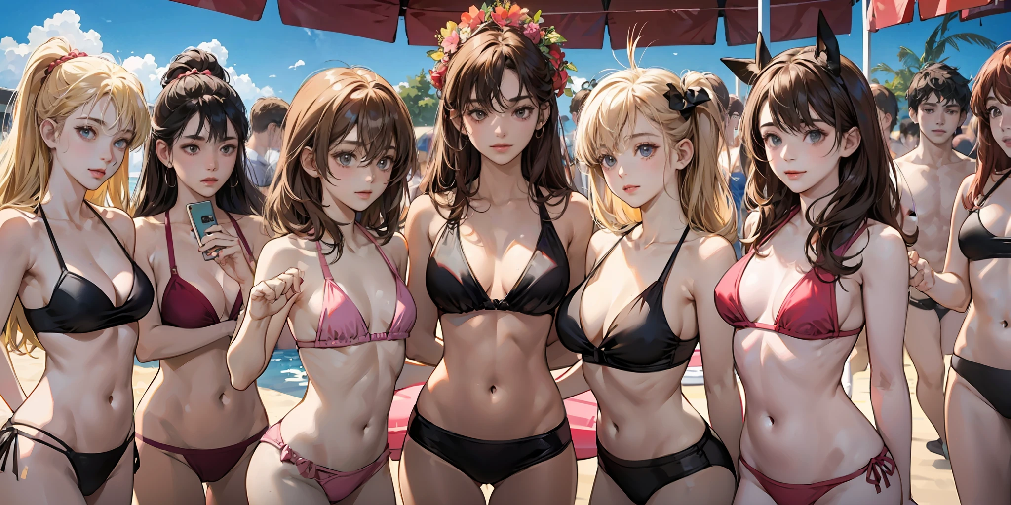 {{age female, caucasian, hundreds of girls, thousands of girls, multiple girls, many girls, only girls, crowd shot}}, looking at viewer, hazel eyes, extremely detailed, brown hair, blonde hair, red hair, black hair, pink bikinis, matching bikinis, identical bikinis, pool, pool party, crowd of girls, girls partying, happy, best quality, high quality, extremely detailed anime screencap