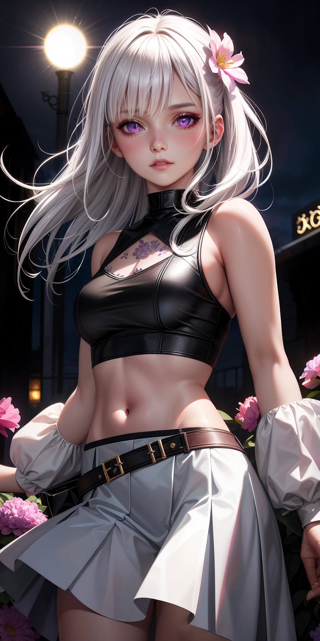 realistic, 1girl, white hair, purple eyes, glowing eyes, crop top, skirt, parted lips, blush, night, flowers, sun, sunlight,