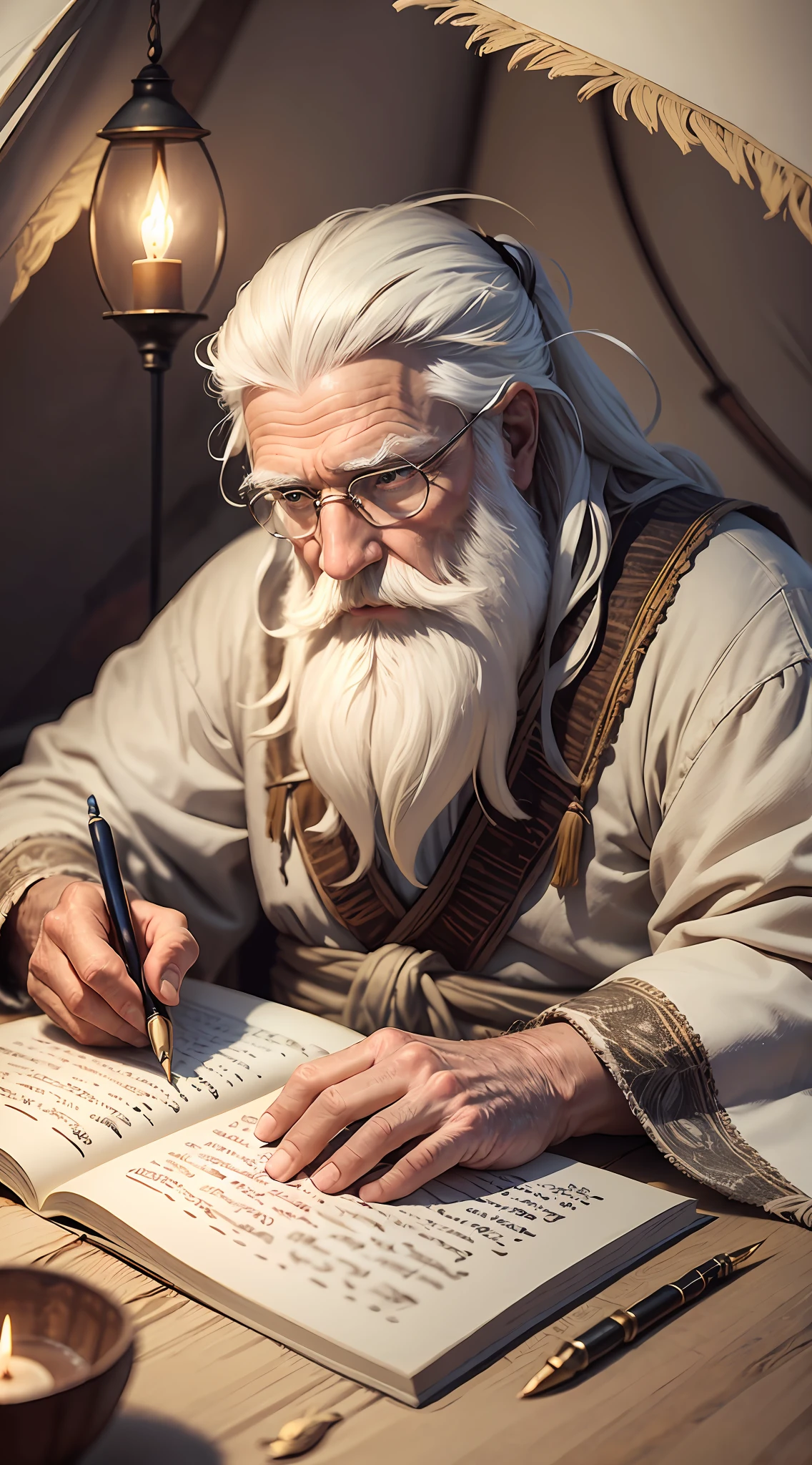 An old man, long white hair, long white beard, writing a papyrus, writing with a feather, is inside a tent, farthest view of the tent, candlelight, hyper realistic, photography effect, 8k, super detailed, biblical, Hebrew descendant. --auto --s2