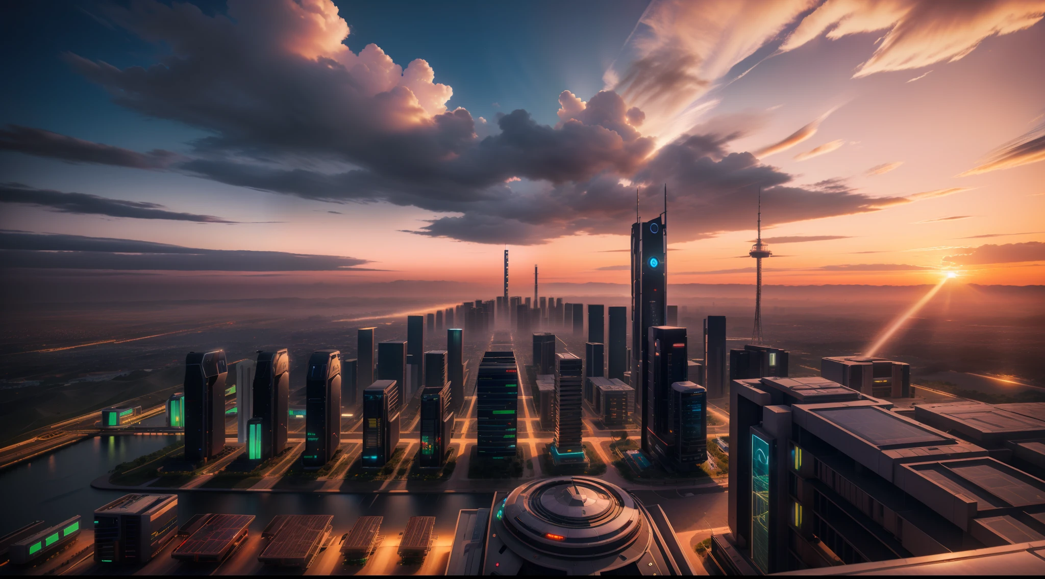 Panoramic view of the solarpunk city at sunset, vibrante, fotorrealista, realista, dramatic, cinematic lighting, sharp focus, 8k