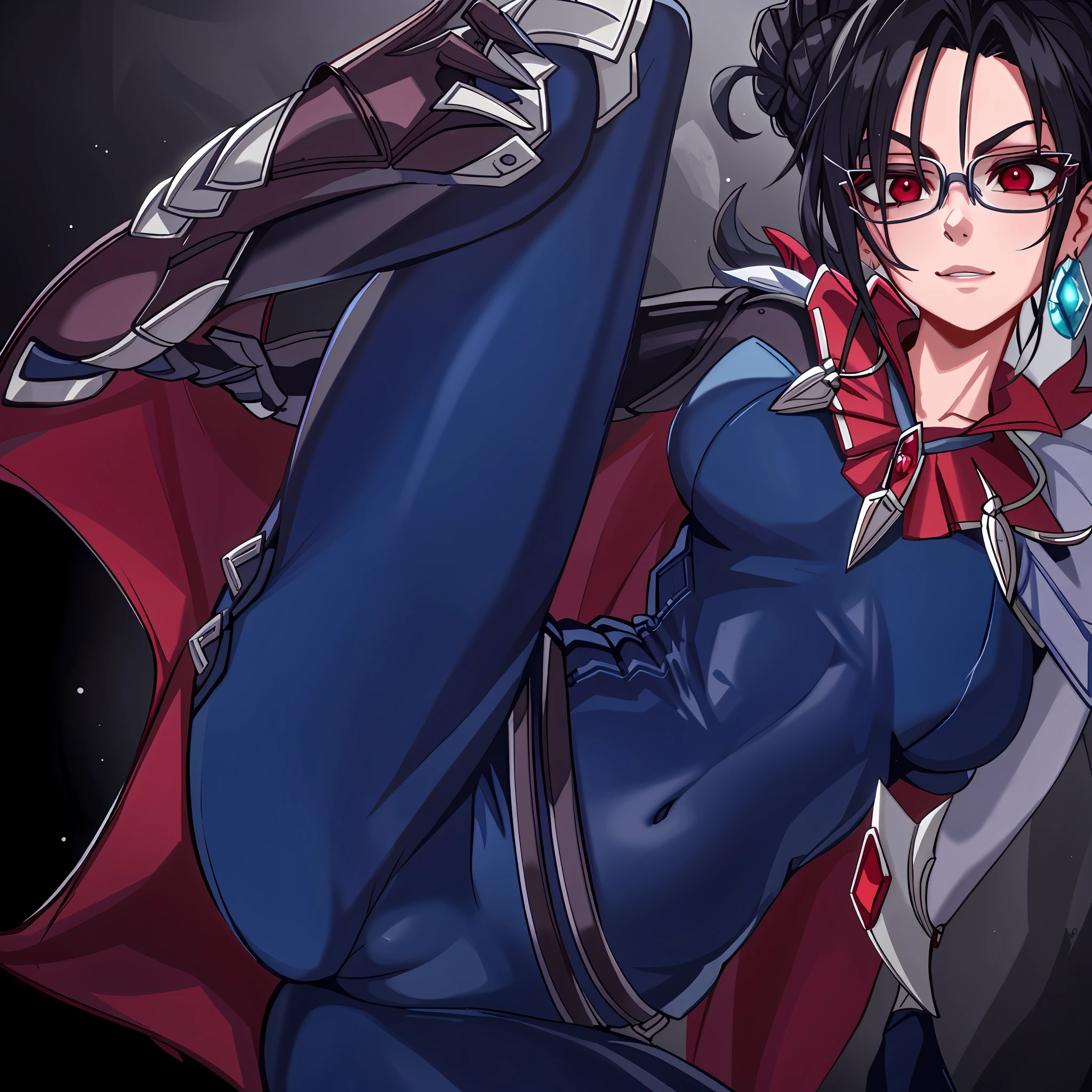 Vayne \(League of Legends\), League of Legends, 1 mujer madura, lentes rojos, capa roja, pendientes, ojos rojos, collection, por el ancho, piel blanca, guantes grises, botas bordo, labios rojos, por el ancho atado hacia atras con una trenza, Athletic body,Small silver decoration on the cape, esbelta, abierta de piernas, leather belt, pelo largo negro y sedoso, bodysuit Lycra de color azul oscuro