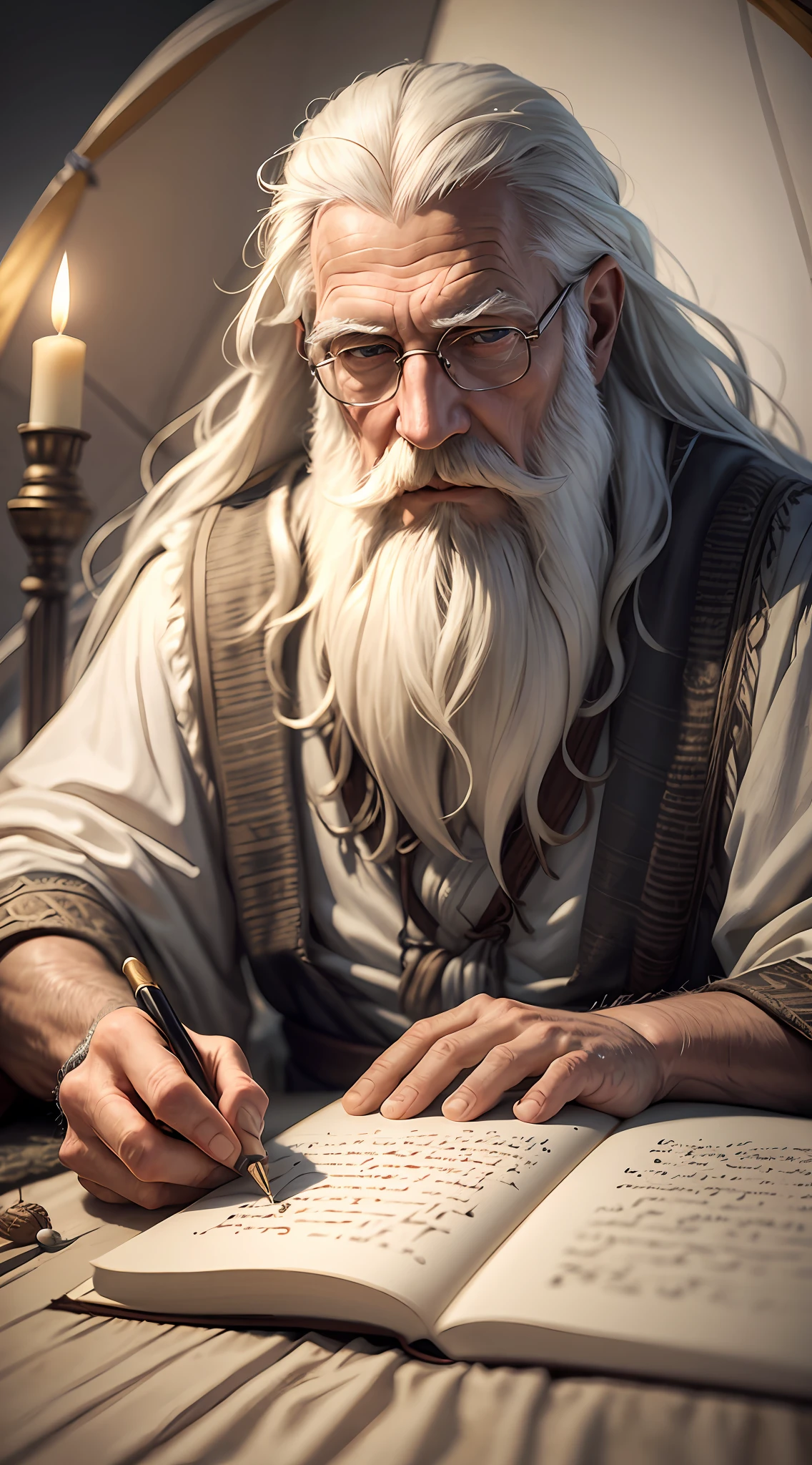 An old man, long white hair, long white beard, writing a papyrus, writing with a feather, is inside a tent, farthest view of the tent, candlelight, hyper realistic, photography effect, 8k, super detailed, biblical, Hebrew descendant. --auto --s2
