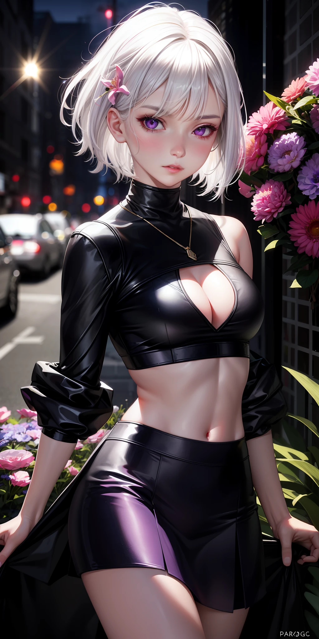 realistic, 1girl, white hair, purple eyes, glowing eyes, crop top, skirt, parted lips, blush, night, flowers, sun, sunlight,