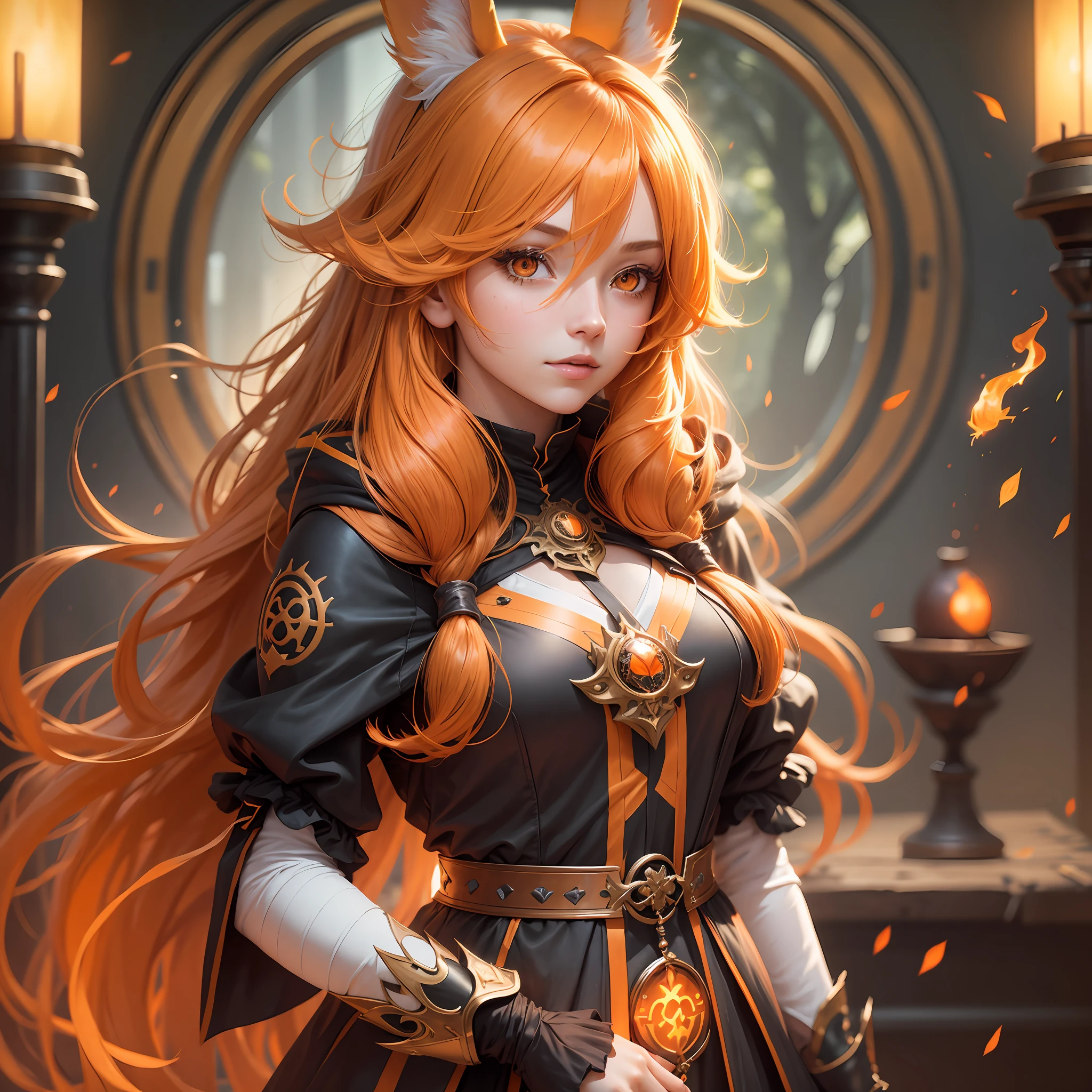 1 girl, hair covering one eye, orange hair, long hair, orange eyes, orange rabbit ears, (mature), (adult), fantasy clothing, glowing light, 4K --auto --s2