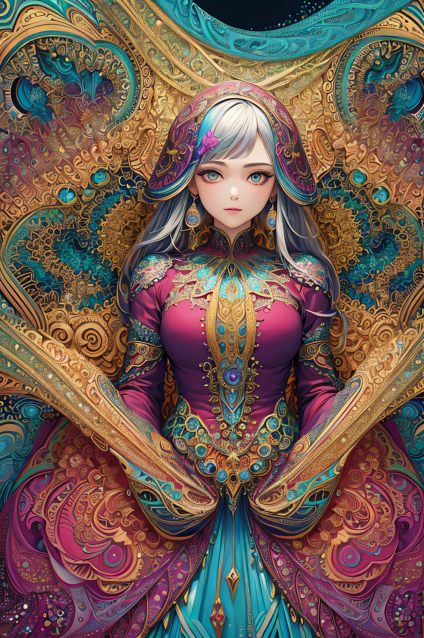 (masterpiece, top quality, best quality, official art, beautiful and aesthetic:1.2), (1girl:1.3), extremely detailed,(fractal art:1.2),colorful,highest detailed,(zentangle:1.2), (dynamic pose), (abstract background:1.5), (treditional dress:1.2), (shiny skin), (many colors:1.4), upper body