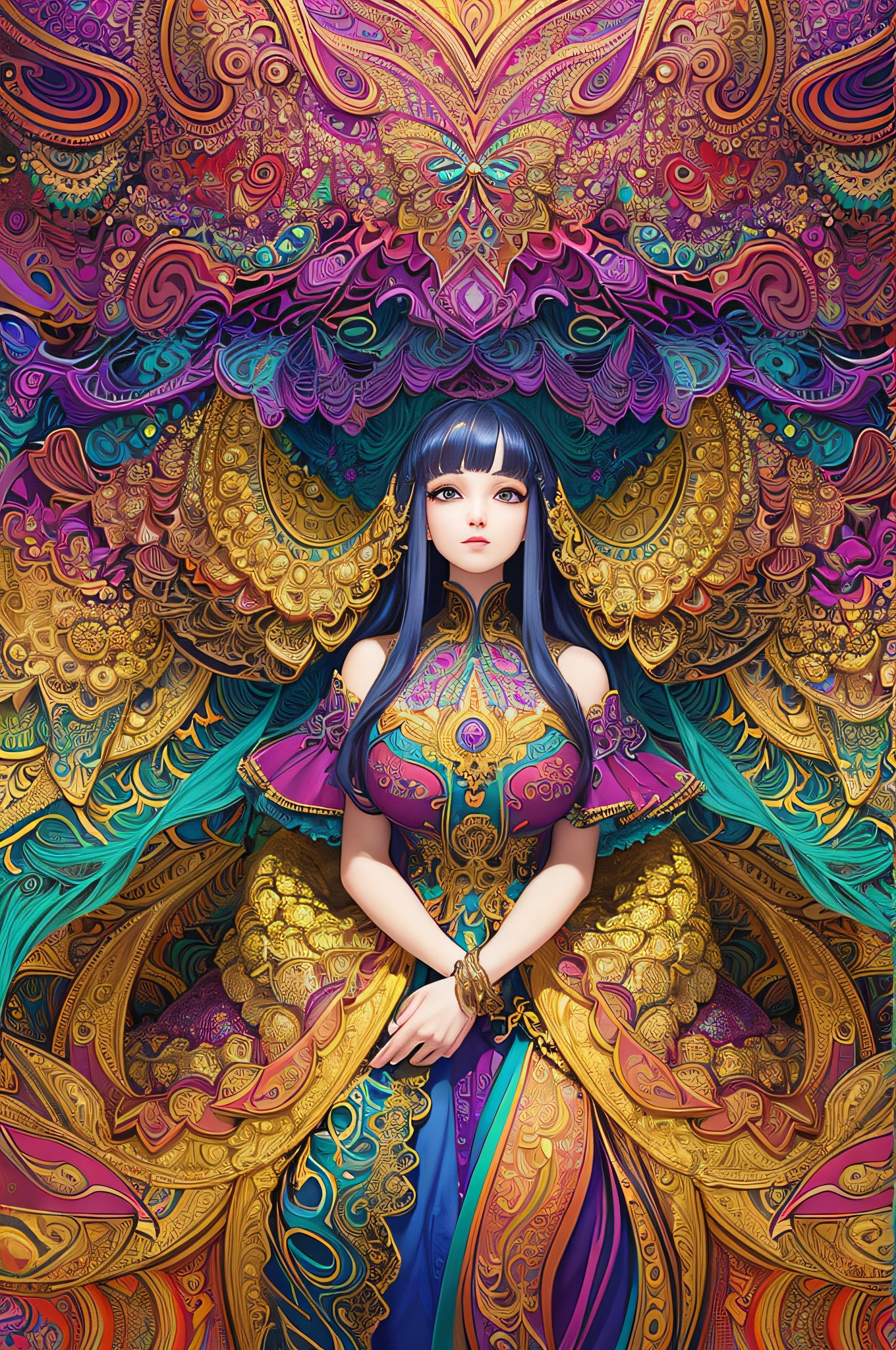 (masterpiece, top quality, best quality, official art, beautiful and aesthetic:1.2), (1girl:1.3), extremely detailed,(fractal art:1.2),colorful,highest detailed,(zentangle:1.2), (dynamic pose), (abstract background:1.5), (treditional dress:1.2), (shiny skin), (many colors:1.4), upper body