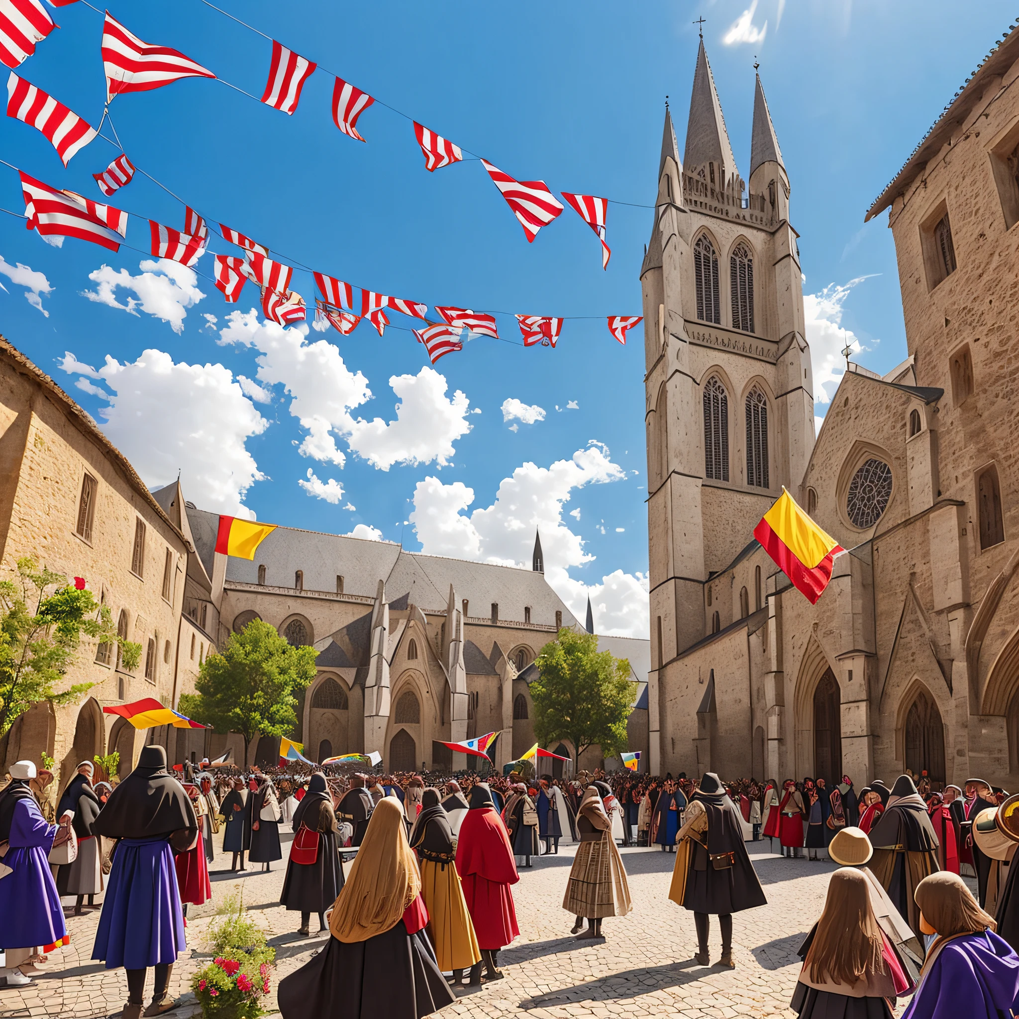Describe the square of a medieval village, with a majestic Gothic cathedral in its center and colorful flags floating in the wind. Residents gather to celebrate the arrival of spring and the hope of a bountiful harvest. --auto --s2