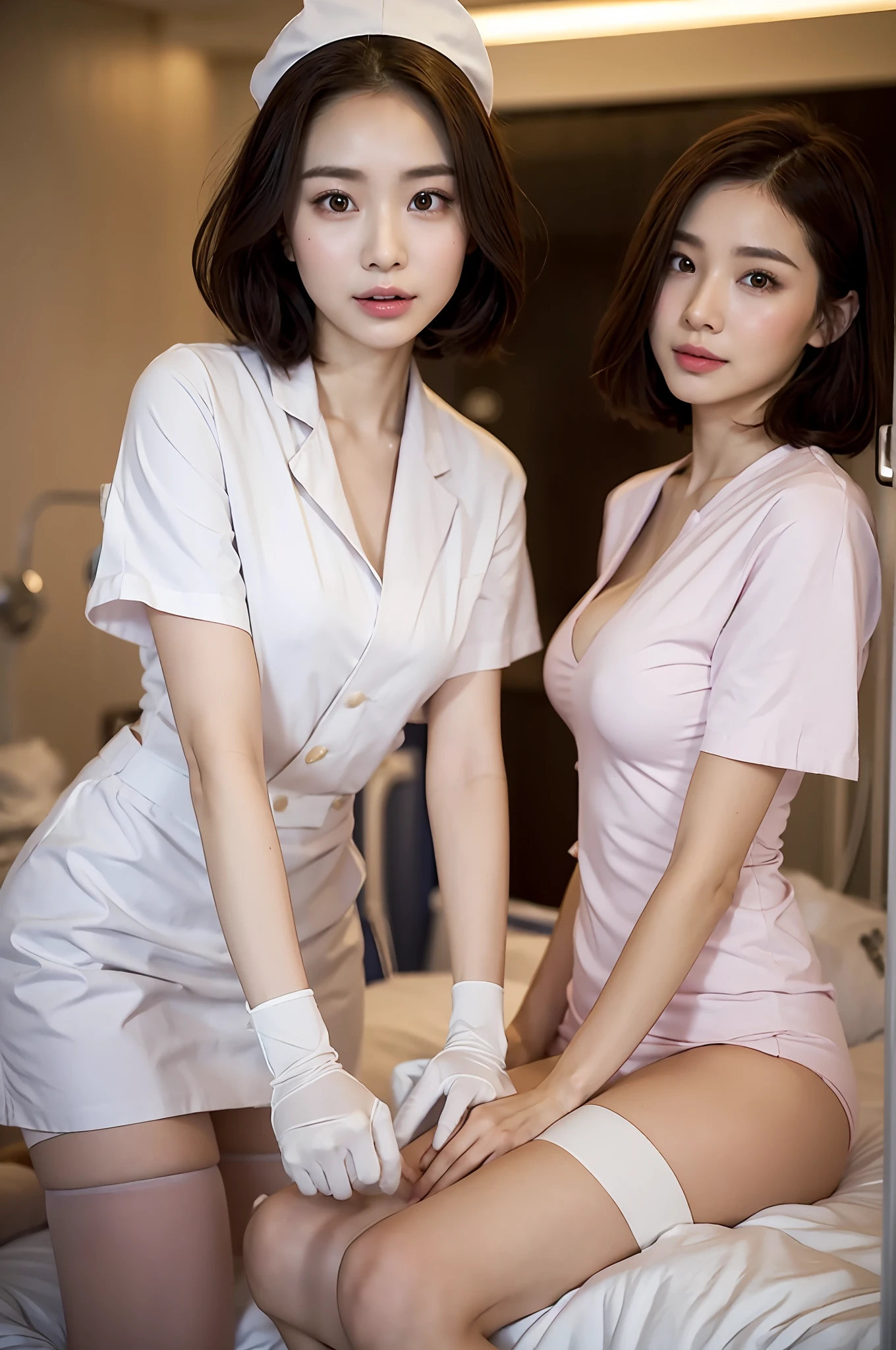 High angle lens,Center view,(RAW photos,Bestquality),(lifelike,Photorealistic:1.3 pcs),wide angle photograph,a masterpiece,2 Beautiful Nurse,Adorable,young,Perfect Body,Top Korean beauty,(All over body:1.3 pcs),Realistic face,Diffuse light,Create softness,Uniform glow in the hospital((operating room)),Surgical gloves,Medical equipment,Anesthesia machine (Nurse uniforms are smooth、Cultivation:1.5,((gaping、Fluoroscopy:1.5,Expose the chest:1.5))),Perfect breasts and buttocks:1.4 pcs,Slim legs:1.2、 Nurse、 Nurse cap、 stethoscope,(((Black Stockings,Small, beautiful big breast,, White tender toes)))RAW photos, in bed, Top Quality, lifelike, lifelike, Extremely Detailed, Very refined and beautiful, Professional Lighting, lighting on face, Depth of field, Focus on the character, All over body:1.3 pcs, 2 Naked GirlNaked GirlNaked GirlNaked GirlNaked GirlNaked Girl0--old an, brown Hair, brown eye, small head, (((Large,))),2,,, fashionGirl, beautiful eye, Real face, Real skin, Real face, realistic skin, Detailed eyes,Double eyelidd,long eyelash ,Swollen eyes,Healing is a smile:1.5,Baring tongue,Take a stethoscope(Stylish and flowing short hair: 1.3 pcs)