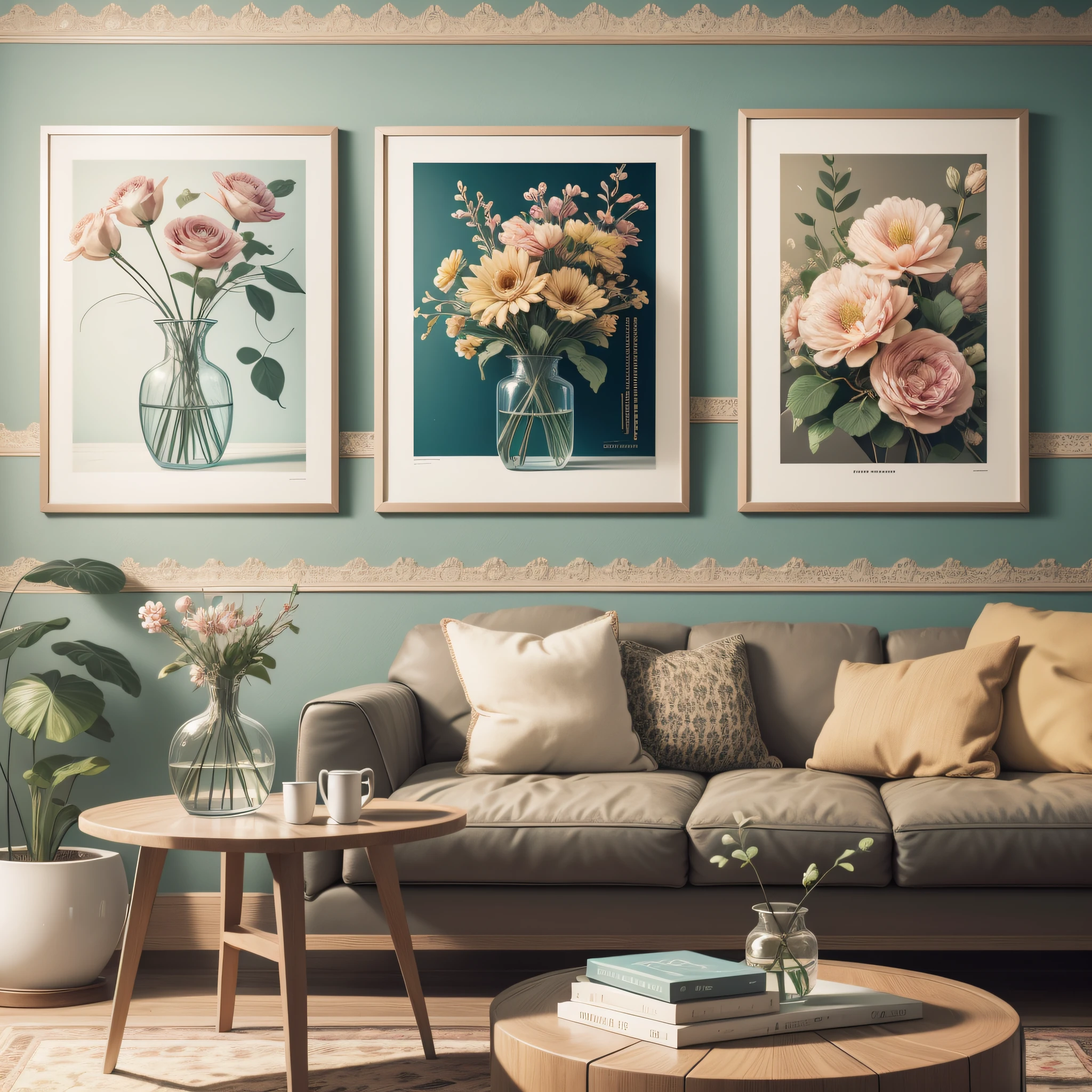 There is a vase with flowers and a door-retratos em uma prateleira, poster composition, poster background, fotografia, poster style, estilo de arte do cartaz, fundo da parede da sala de estar, poster, cartaz de arte, foto de uma bela, em uma mesa branca, poster framed, O melhor no Adobe Stock, fundo da sala de estar, colocado em uma sala de estar, fotografia moderna, advertisement poster --auto --s2