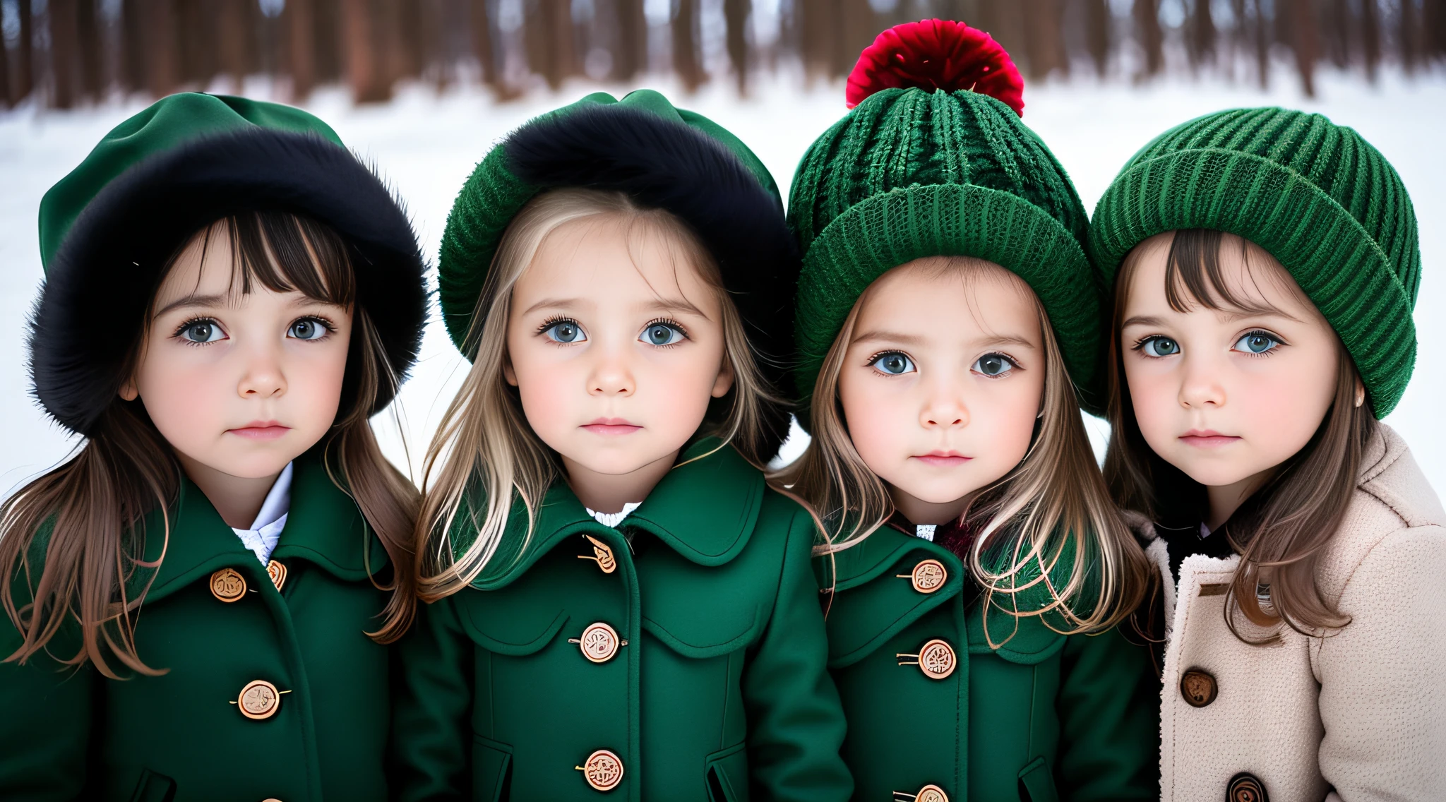 3 girlsRussian children with , COM CABELO LISO LONGOS , ESTILO RETRATO, um close up com uma jaqueta vermelha , hight resolution, fogo verde em seu redor, seus olhos brilhando,