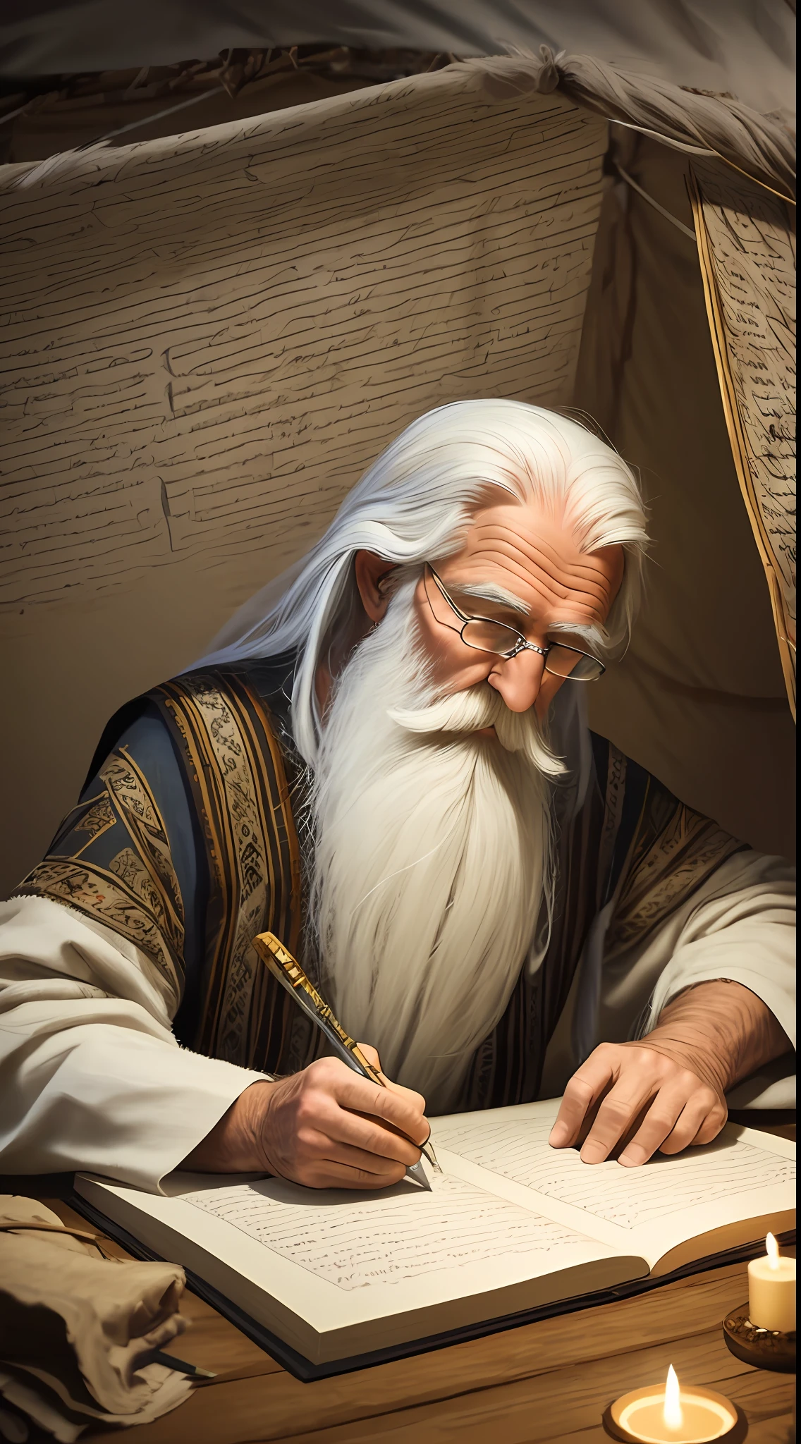 An old man, long white hair, long white beard, writing a papyrus, writing with a feather, is inside a tent, farthest view of the man, candlelight, hyper realistic, effect photography, 8k, super detailed, biblical, Hebrew descendant. --auto --s2