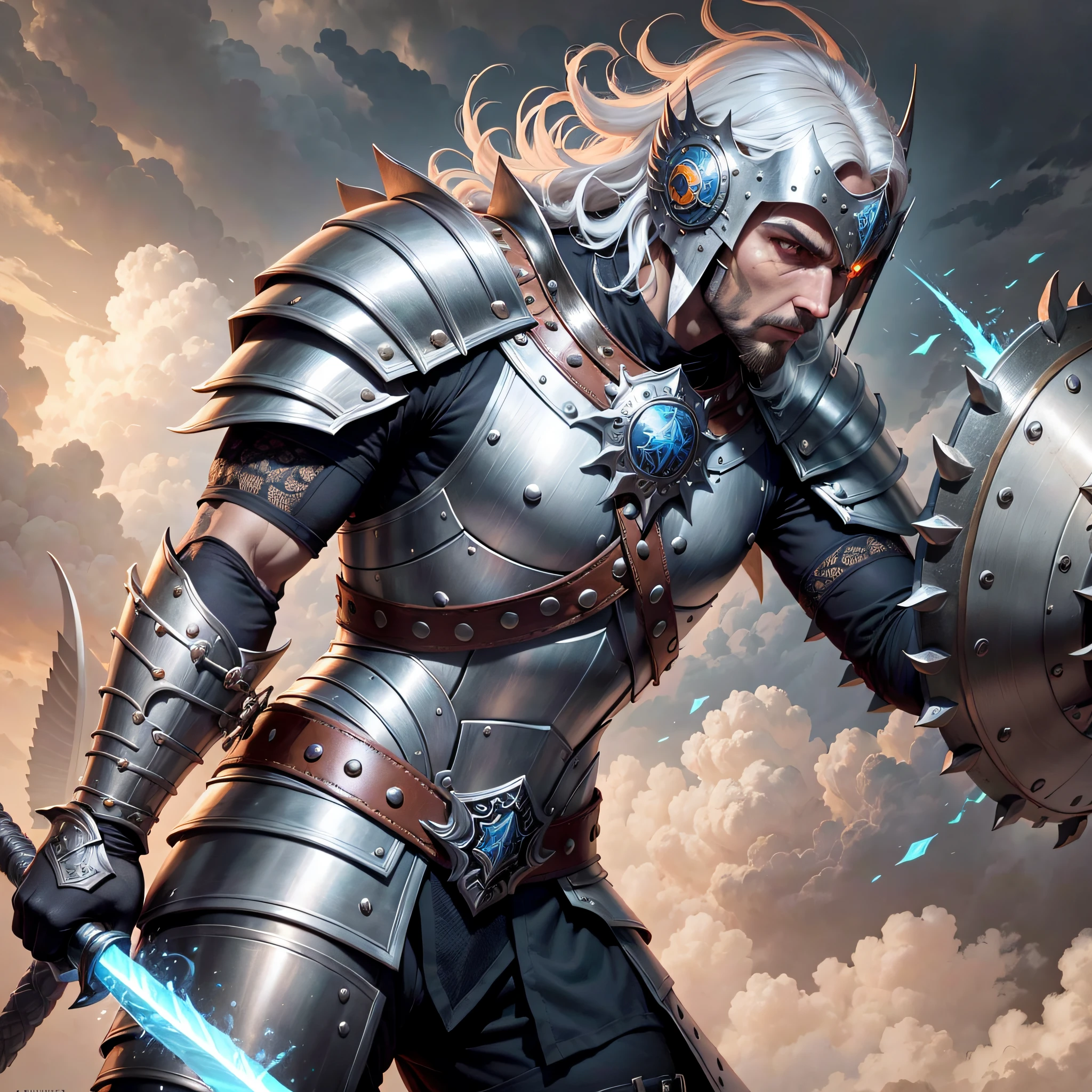 Desenhe um lobisomem humanoide com armadura de couro medieval em uma pose de ataque. Ele deve ter garras afiadas e dentes expostos, showing that he is a fierce warrior. Your leather armor should be decorated with intricate details and have protection for the chest, arms and legs. In one hand, Ele deve segurar um grande dois-handed sword, while on the other hand, holds a shield with the coat of arms of his house. O lobo humanoide deve estar em um campo de batalha, surrounded by other warriors and with an overcast sky in the background. --auto --s2