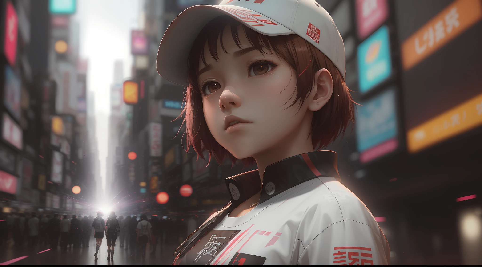  girl standing with an aura around, tokyo city, wearing a printed shirt and white brown cap, short red hair, realistic,8k, unreal engine 5, 3D, (extremely complex), close-up, cinematic light, ultra high resolution, best shadow, cyberpunk, light particles --auto --s2