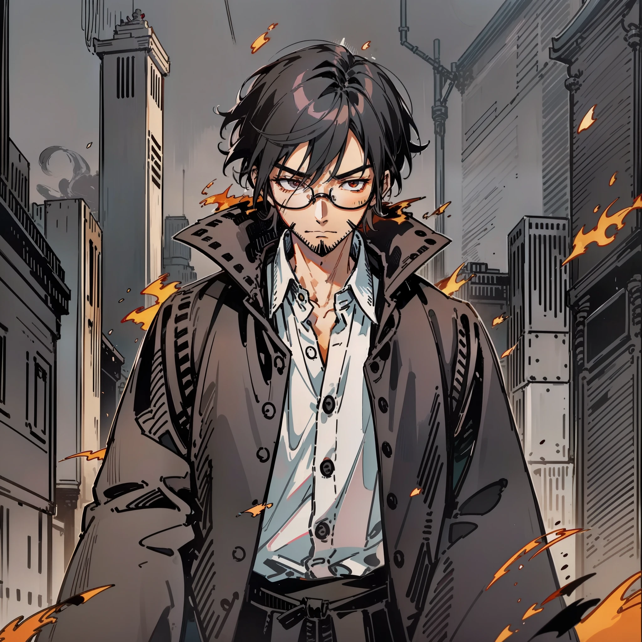 A japanese man with short, black hair. He has dark eyes, and wears a black cloak with a white-button up shirt underneath. He has black-framed glasses. He's standing in front of a city on fire, with a calm expression on his face. Has a short-shaven beard. The buildings behind him are made of bronze and steel.