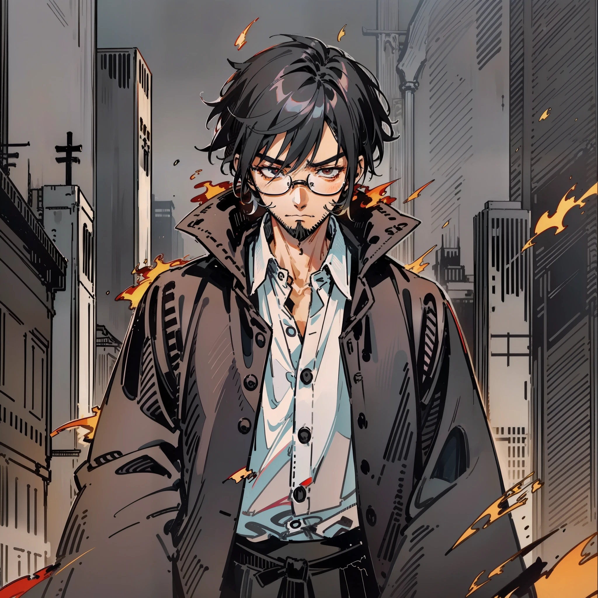 A japanese man with short, black hair. He has dark eyes, and wears a black cloak with a white-button up shirt underneath. He has black-framed glasses. He's standing in front of a city on fire, with a calm expression on his face. Has a short-shaven beard. The buildings behind him are made of bronze and steel.