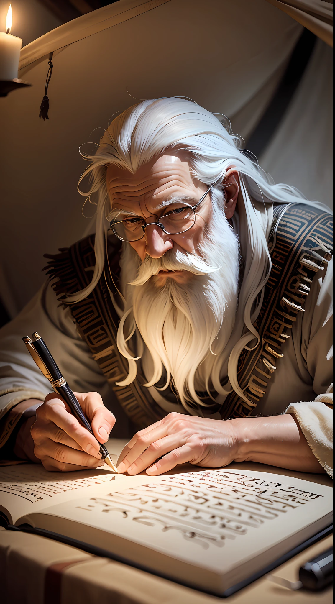 An old man, long white hair, long white beard, writing a papyrus, pen, is inside a tent, wider view of the tent, candlelight, hyper realistic, effect photography, 8k, super detailed, biblical, Hebrew descendant. --auto --s2