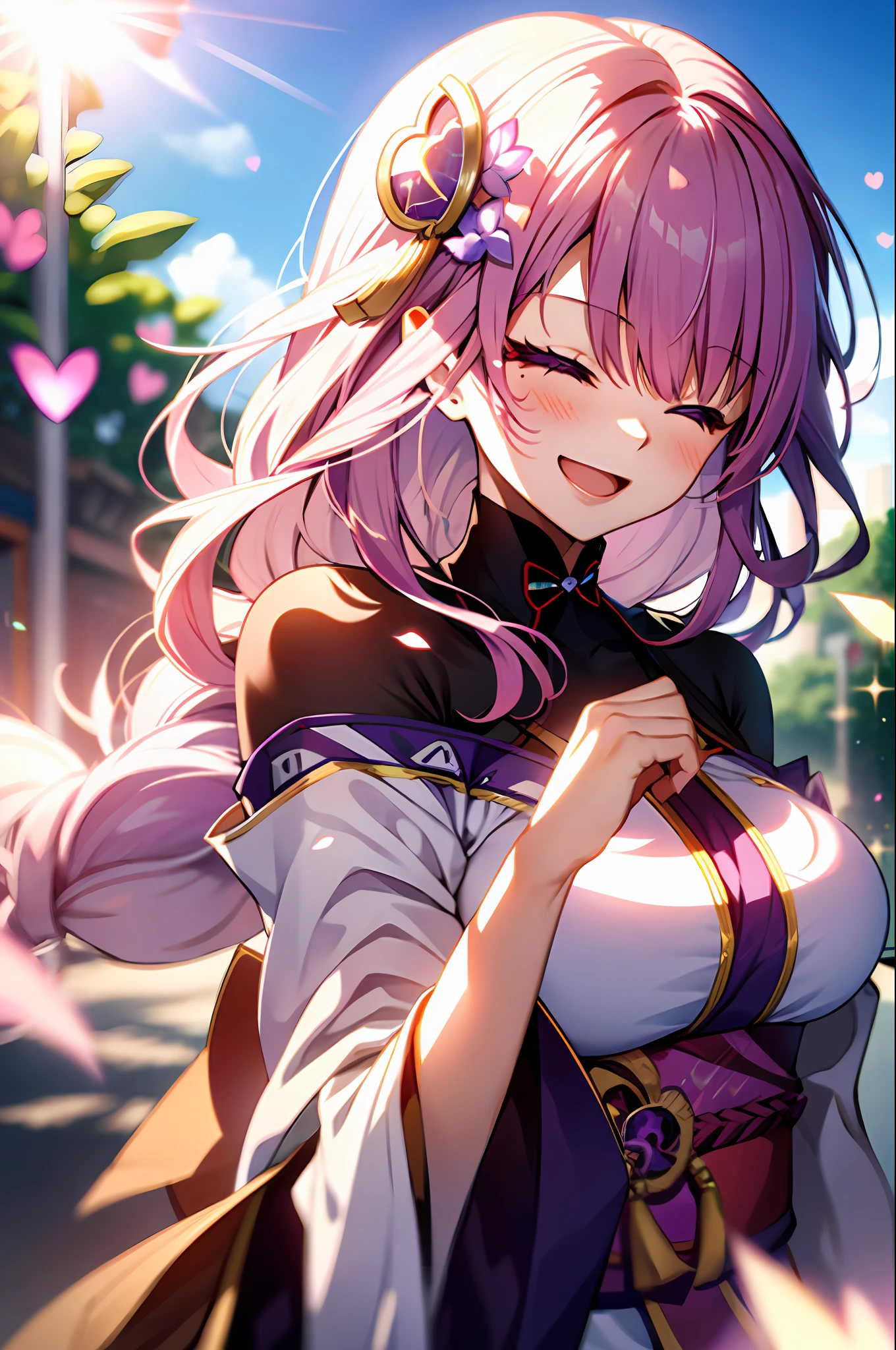 an girl, upper body, (sunglasses:1.1), (huge Laughing:1.1), (open mouth:1.1), closed eyes, sun glare, bokeh, depth of field, blurry background, light particles, strong wind, (heart particles:1.2), yae miko, pink hair, purple eyes