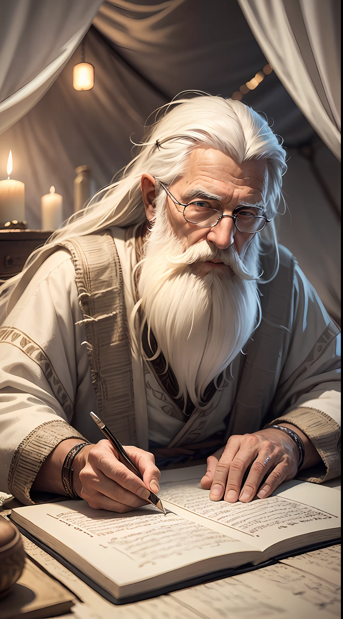An old man, long white hair, long white beard, writing a papyrus, writing with a feather, is inside a tent, farthest view of the tent, candlelight, hyper realistic, photography effect, 8k, super detailed, biblical, Hebrew descendant. --auto --s2