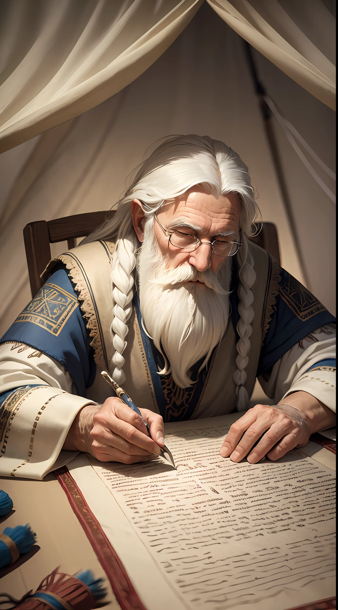 An old man, long white hair, long white beard, writing a papyrus, writing with a feather, is inside a tent, farthest view of the tent, candlelight, hyper realistic, photography effect, 8k, super detailed, biblical, Hebrew descendant. --auto --s2