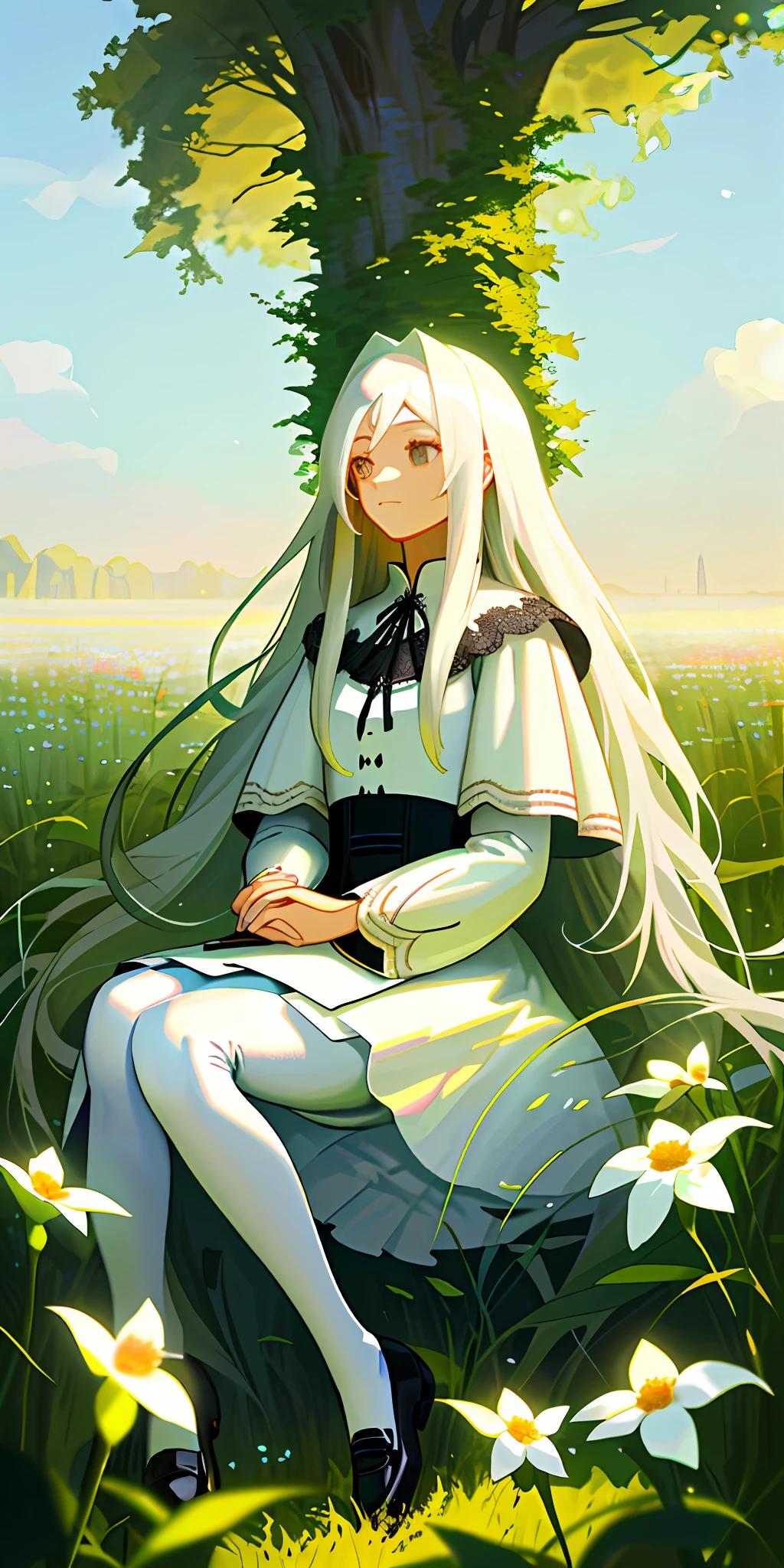 (a masterpiece,Bestquality),1 girl with long white hair sitting in a field of greenery and flowers,Her hands were under her chin,Warm lighting,whitedress,White stockings,Black shoes