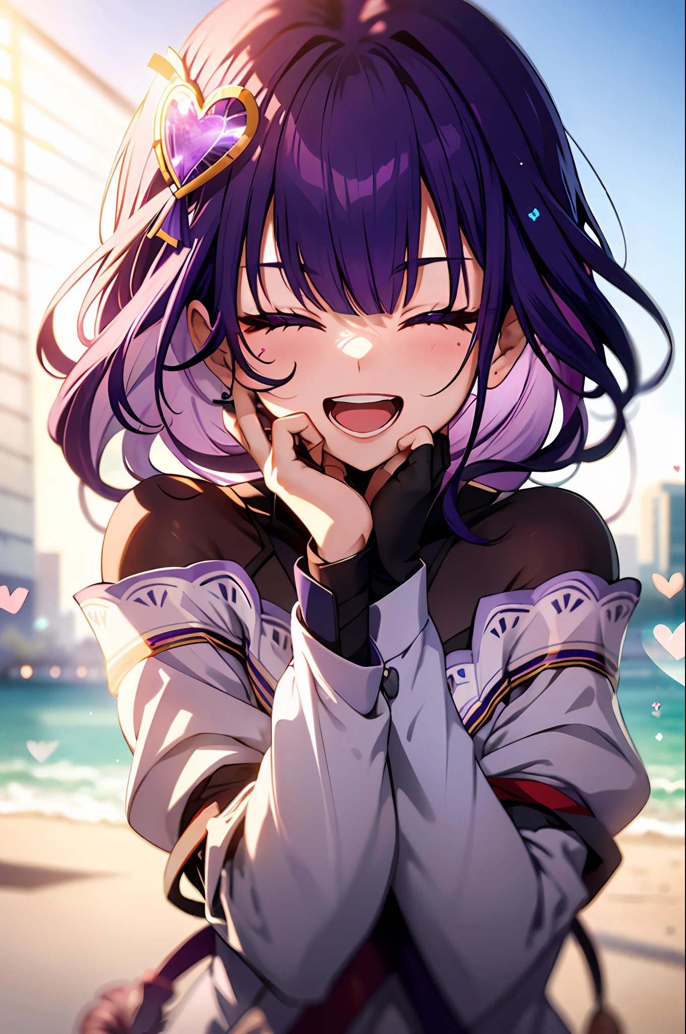 an girl, upper body, (sunglasses:1.1), (huge Laughing:1.1), (open mouth:1.1), closed eyes, sun glare, bokeh, depth of field, blurry background, light particles, strong wind, (heart particles:1.2), raiden shougn, purple hair, purple eyes