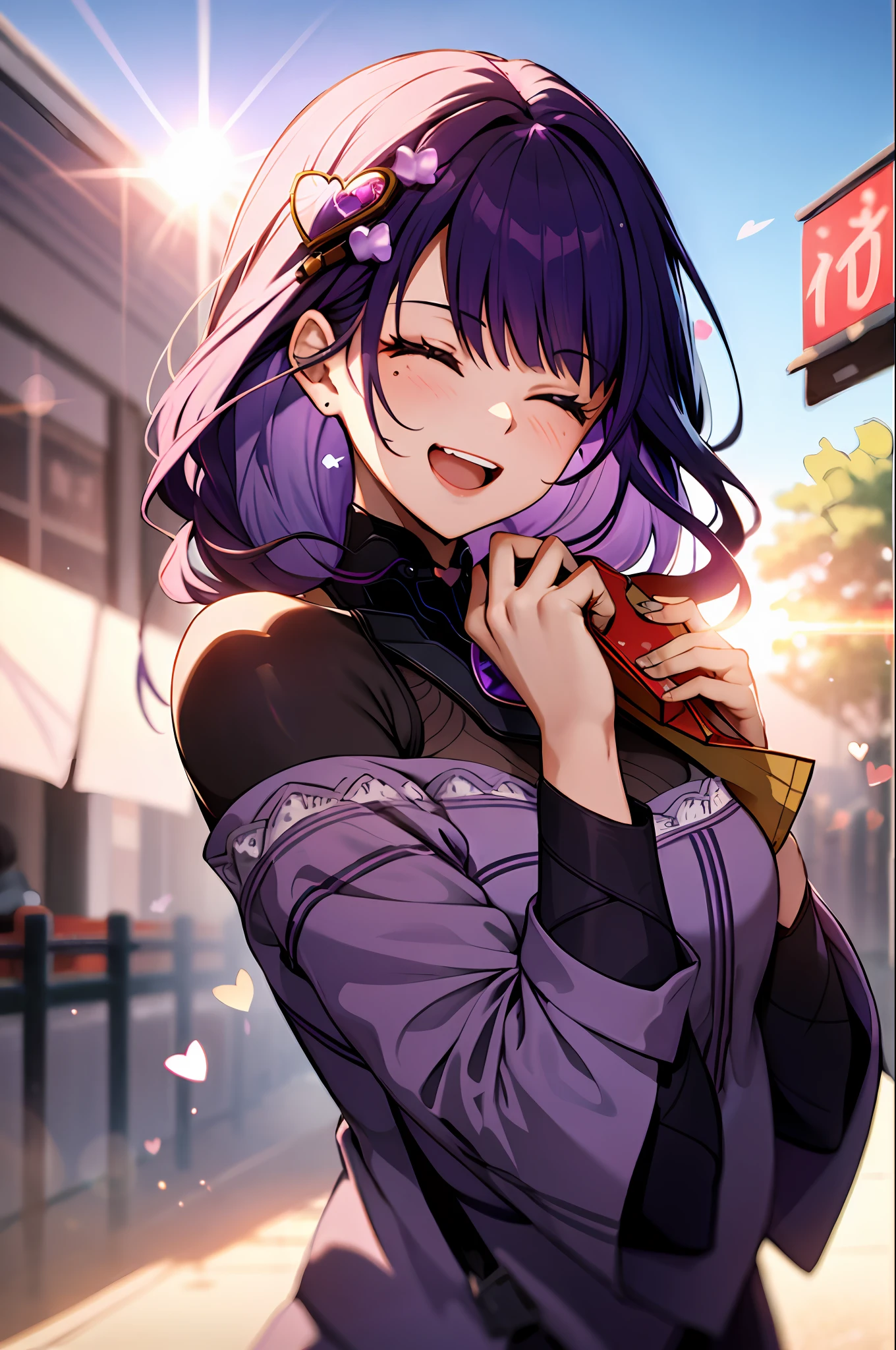 an girl, upper body, (sunglasses:1.1), (huge Laughing:1.1), (open mouth:1.1), closed eyes, sun glare, bokeh, depth of field, blurry background, light particles, strong wind, (heart particles:1.2), raiden shougn, purple hair, purple eyes