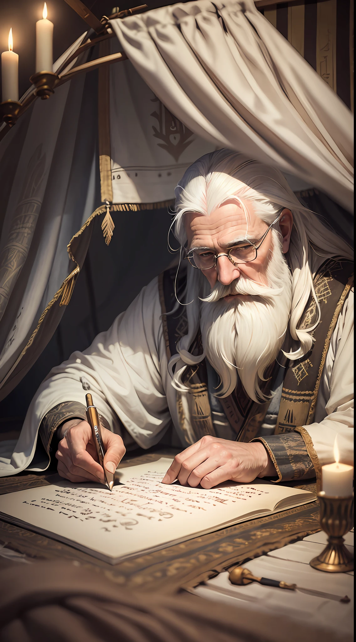 An old man, long white hair, long white beard, writing a papyrus, writing with a feather, is inside a tent, farthest view of the tent, candlelight, hyper realistic, photography effect, 8k, super detailed, biblical, Hebrew descendant. --auto --s2