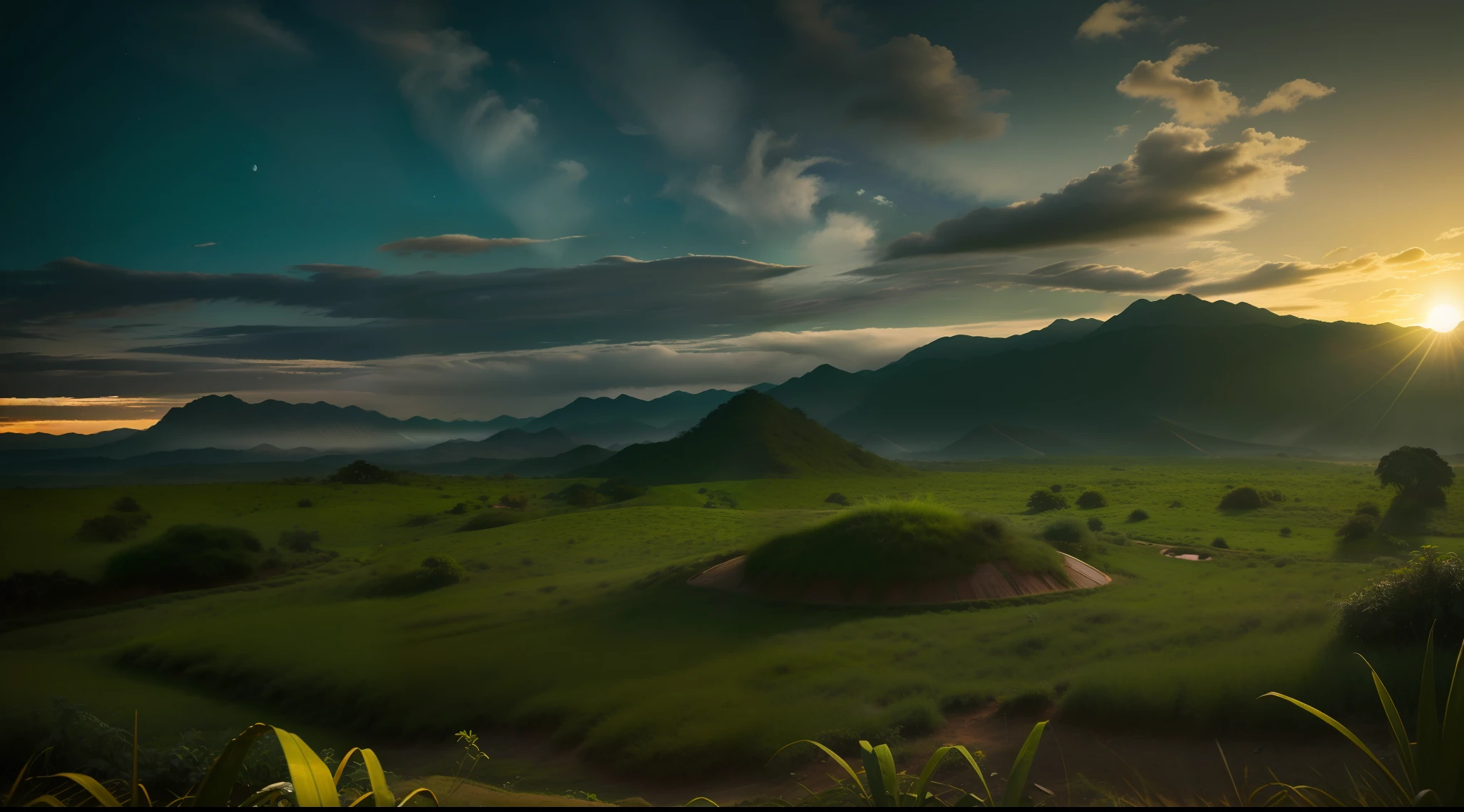 paisagem serena com campos verdes exuberantes e horizonte pitoresco, no buildings, sem pessoas, Lush solarpunk vegetation, vibrante, fotorrealista, realista, dramatic, cinematic lighting, sharp focus, 8k
