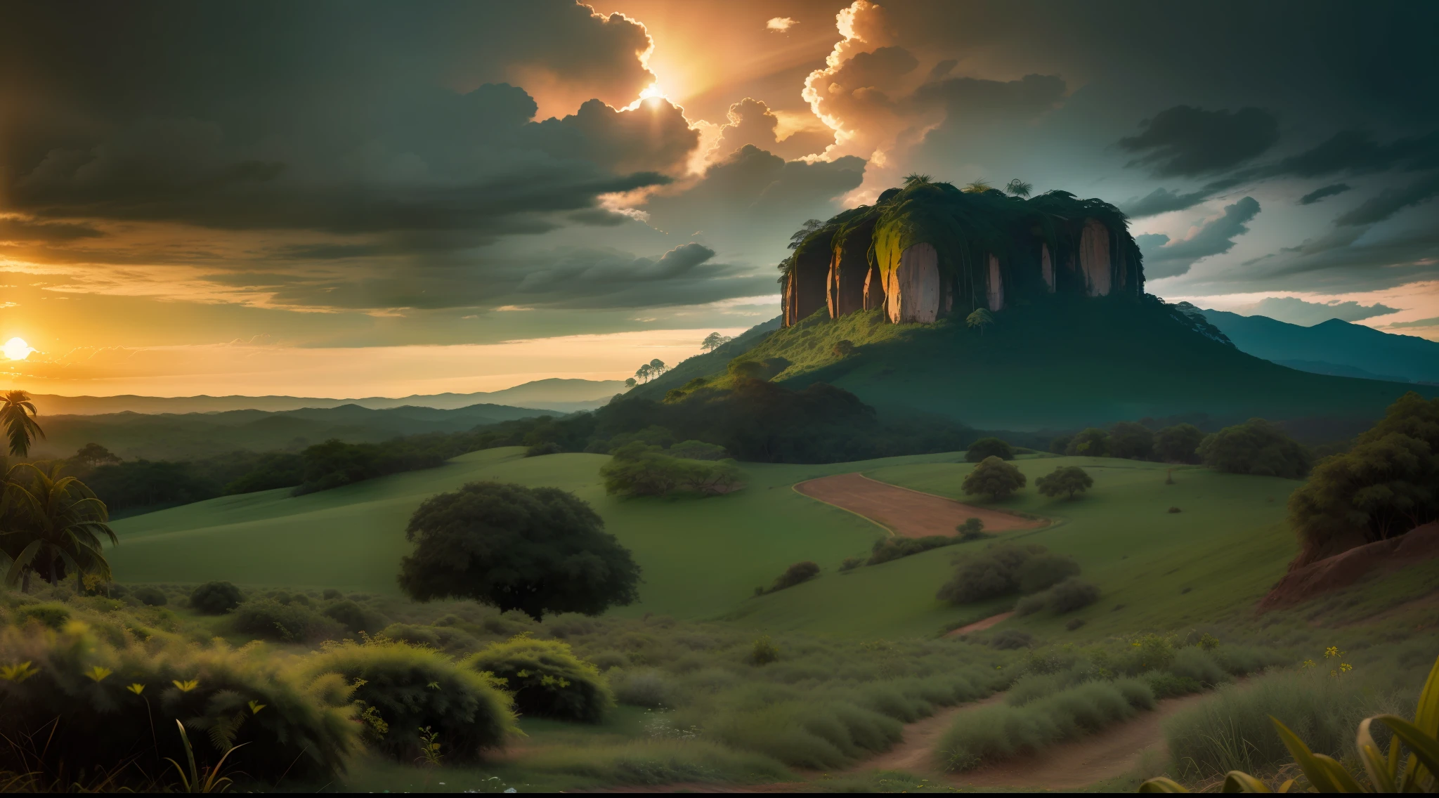 paisagem serena com campos verdes exuberantes e horizonte pitoresco, no buildings, sem pessoas, Lush solarpunk vegetation, vibrante, fotorrealista, realista, dramatic, cinematic lighting, sharp focus, 8k