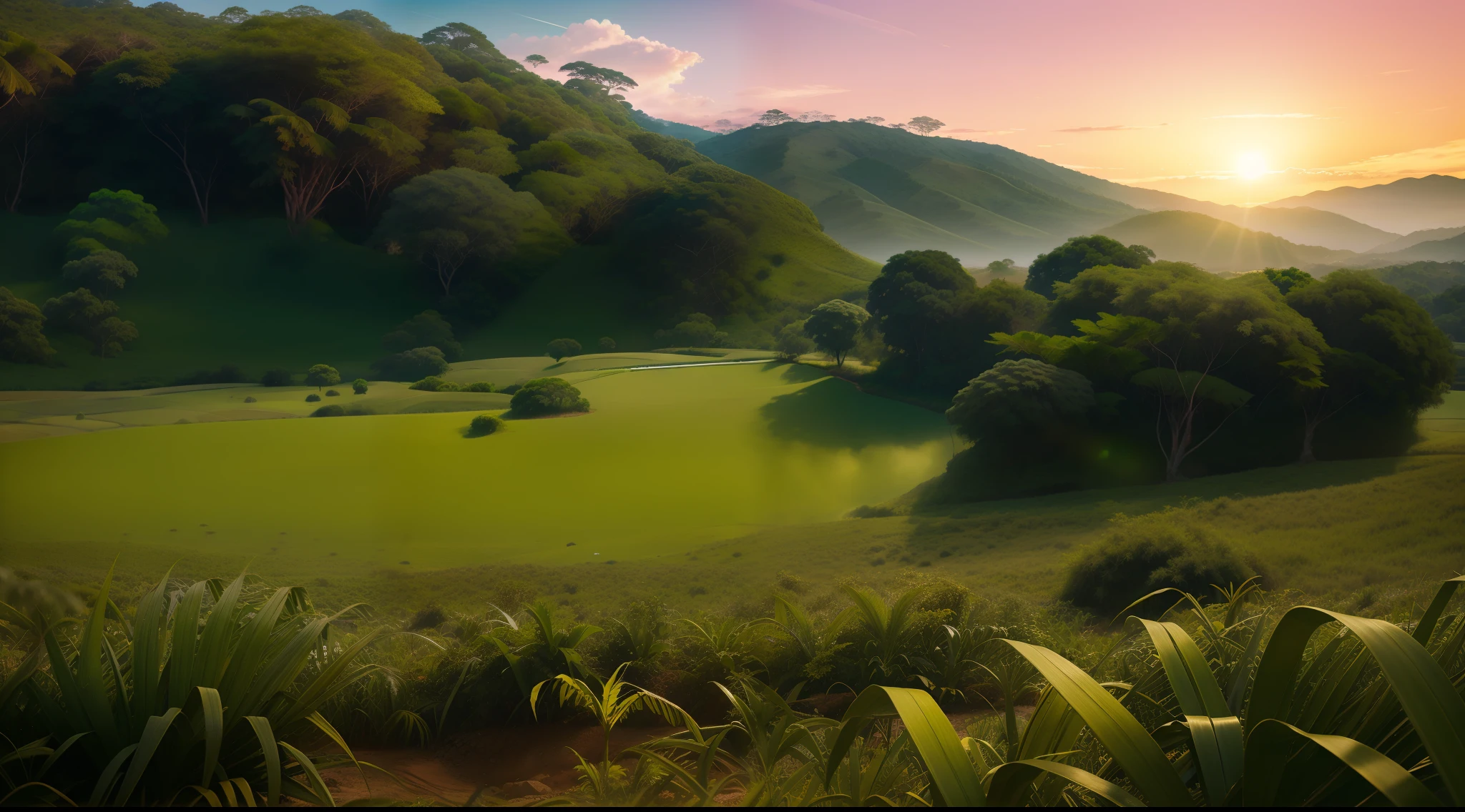 paisagem serena com campos verdes exuberantes e horizonte pitoresco, no buildings, sem pessoas, Lush solarpunk vegetation, vibrante, fotorrealista, realista, dramatic, cinematic lighting, sharp focus, 8k