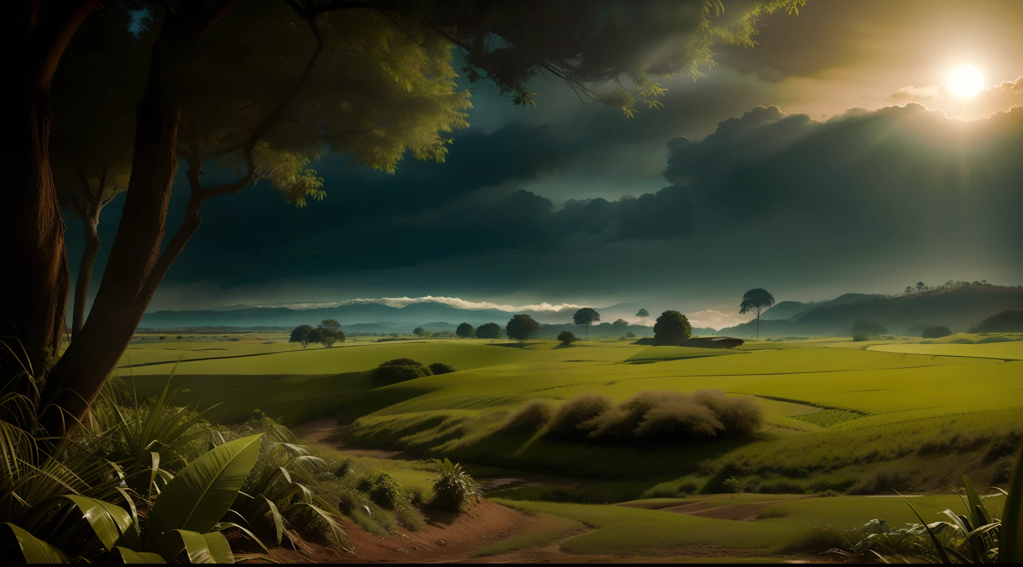 paisagem serena com campos verdes exuberantes e horizonte pitoresco, no buildings, sem pessoas, Lush solarpunk vegetation, vibrante, fotorrealista, realista, dramatic, cinematic lighting, sharp focus, 8k
