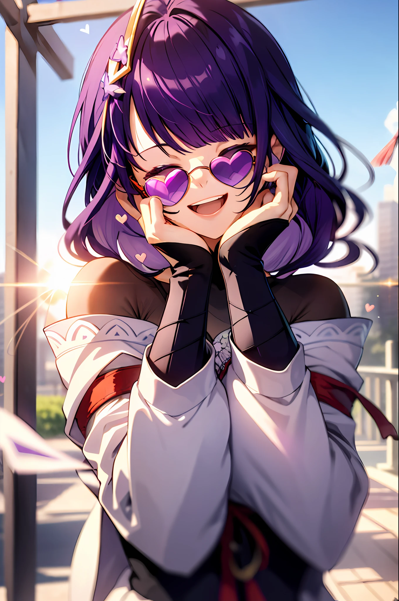 an girl, upper body, (sunglasses:1.1), (huge Laughing:1.1), (open mouth:1.1), closed eyes, sun glare, bokeh, depth of field, blurry background, light particles, strong wind, (heart particles:1.2), raiden shougn, purple hair, purple eyes