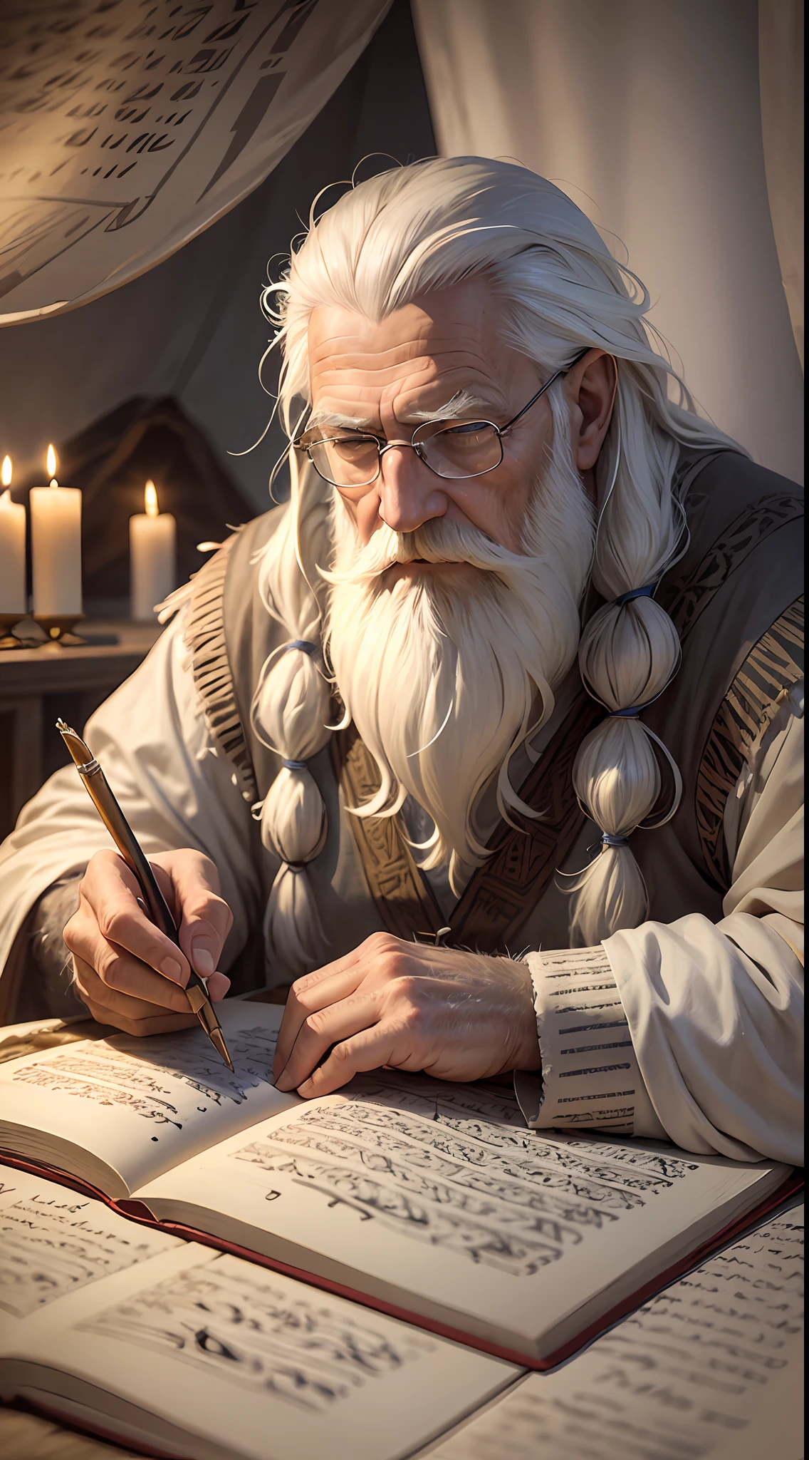 An old man, long white hair, long white beard, writing a papyrus, writing with a feather, is inside a tent, farthest view of the tent, candlelight, hyper realistic, photography effect, 8k, super detailed, biblical, Hebrew descendant. --auto --s2