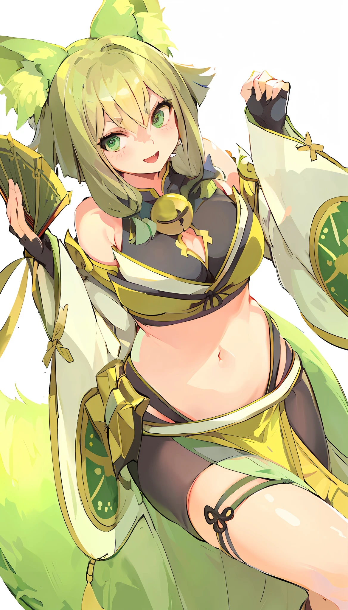 Volume writing, super delicate, detailed eyes, best shadows, portrait of an amazingly beautiful girl, delicate and beautiful attractive face with seductive green eyes, sharp eyebrows, big smile, open mouth, fangs out, beautiful ??????????????, green eyes, hanging eyes, kimono, priestess costume, ribbon at waist, open navel, slim waist, groin, bushy tail, shoulder out, fan, Japan garden, spats, bells, cleavage, (masterpiece, top quality, great detail: 1.25)