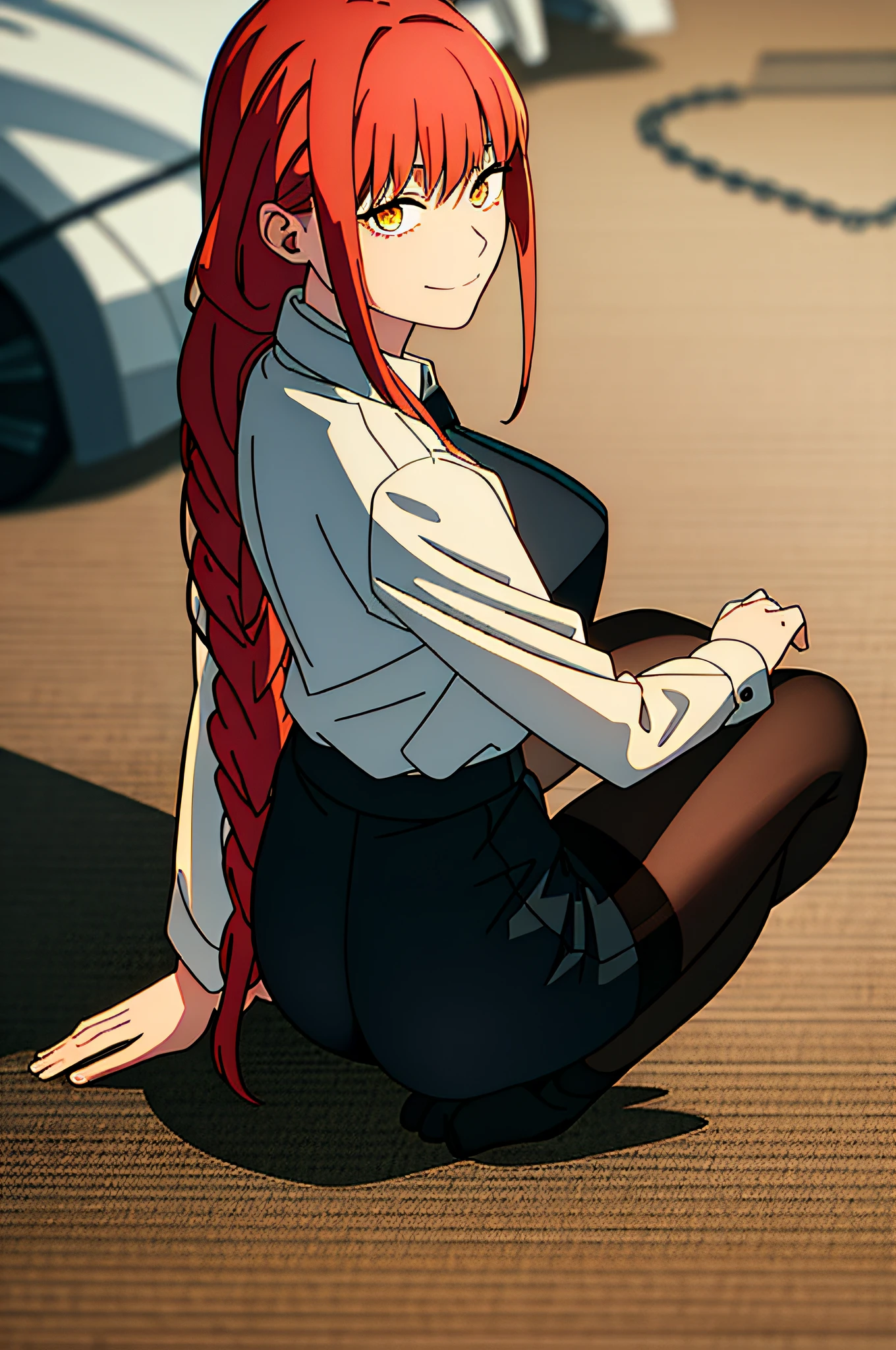 Real horses \（chain saw man\）， Bestquality， Ultra detailed， 1girle， solo， standding， Red Hair， Long braided hair， Golden eyes， bangs， Large breasts， White Shirt， necktie， gazing upon， smile,， （evil：1.2）， looks at the viewer， （interview：1.3）， （Dark background， chain：1.3）， sitting， bpantyhose， （（1girle））， bottomless， meili， a masterpiece， the best quality， Shiny skin， ， Hands on your ass， Ass， Look back， Open your ass， spread ass，
bare
Pasture\（chain saw man\）