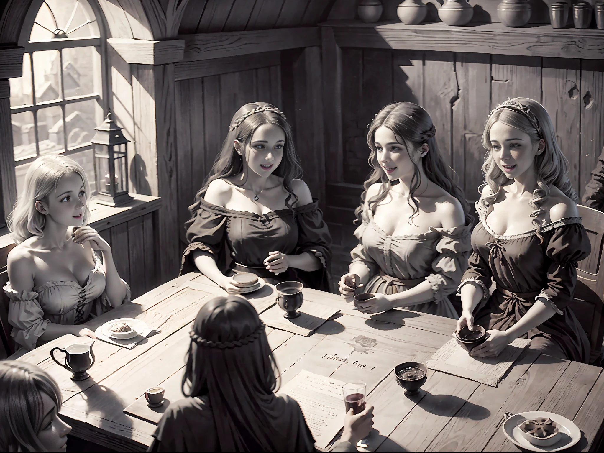 ink line art style ,Inside an old tavern in medieval England,Petite and beautiful tavern girl,Giant breasts, narrow waist, medieval long dress,Half chest exposed,Holding a wooden wine glass and laughing with a group of male guests,Candle light and shadow,Cinematic lighting,Soft focus effect,Detailed and complex background, Baroque style,Renaissance art ,realistic, Track focus,Fill light, Welcoming atmosphere,Place is dirty,confusion,