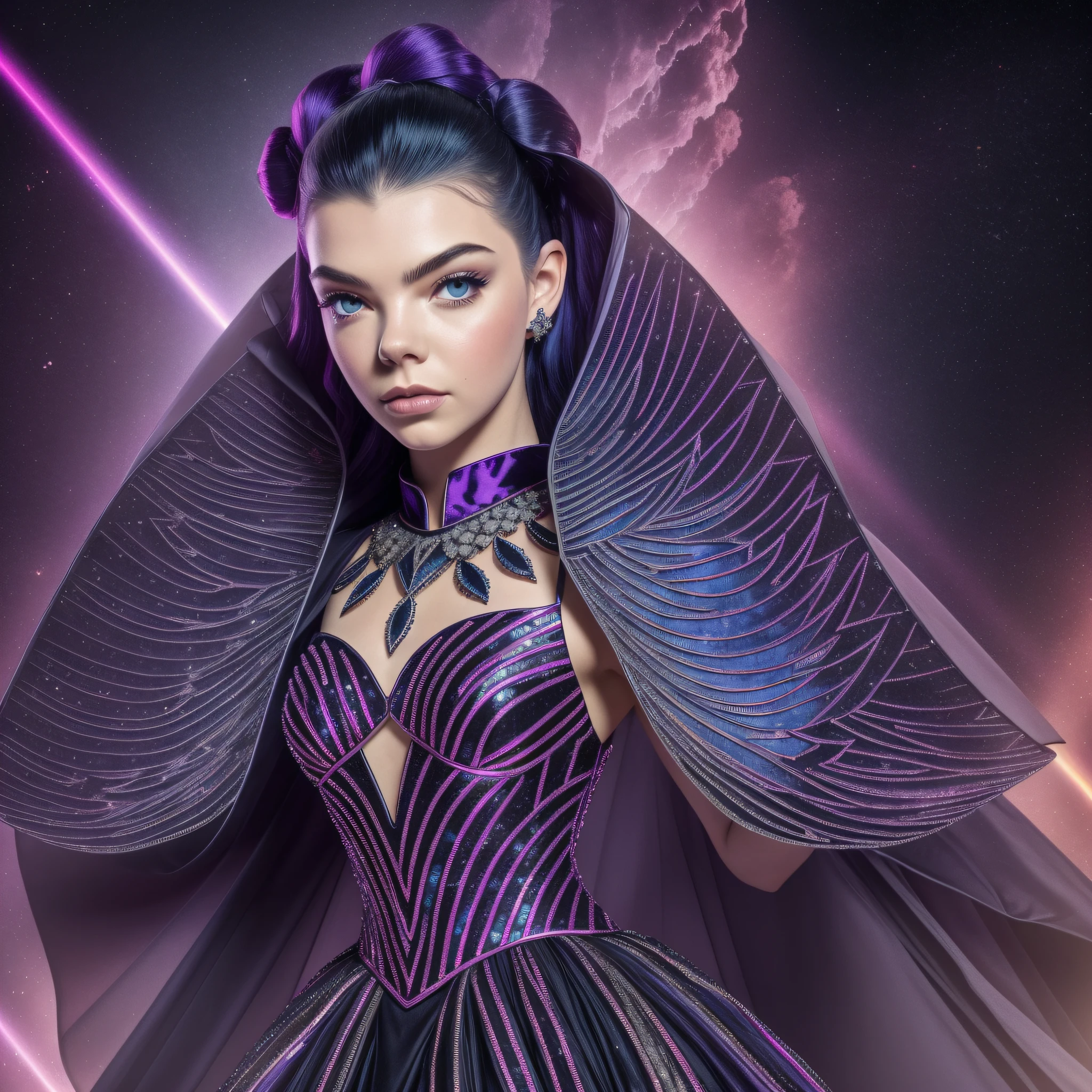 Ultra Pro Photo of Anya Taylor with black wings opal spinel on dress with sparks indigo tourmaline diamond kunzite, texture 16K, Ruby and extravagant Lava gothic dress and strange short hairstyle, image 16k, haute couture, flashs rainbow, High image quality, robe extravagante et lumineuse, realistic face and body suave seductive revealing under-Clothing Poses Drama DSLR UHD HDR 16k "Unreal Engine 5"