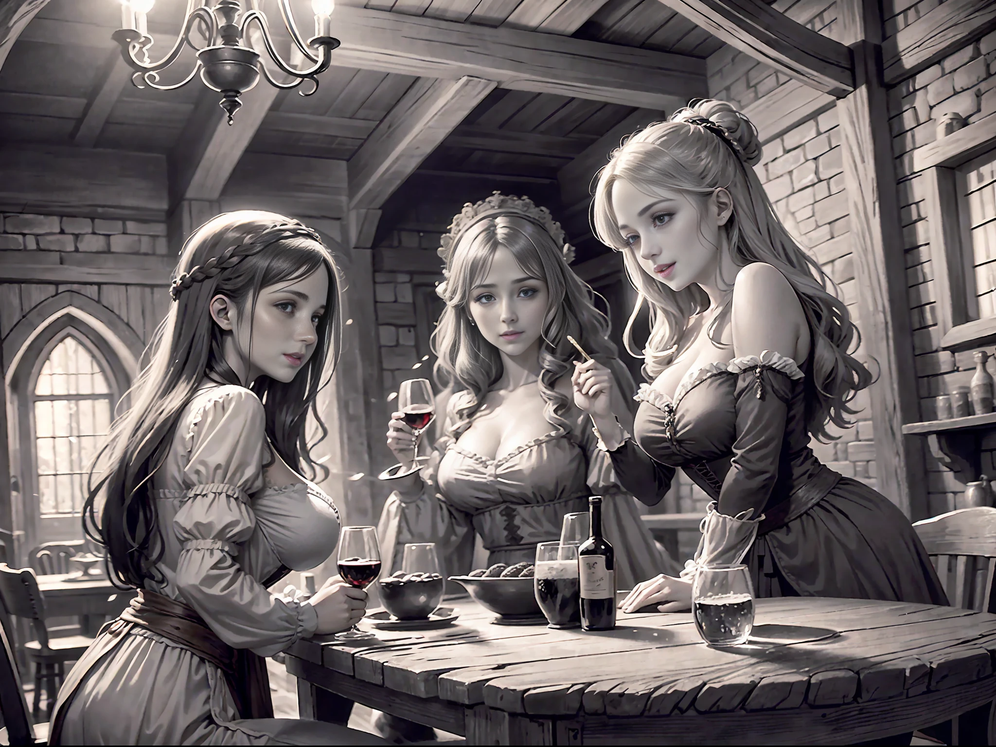 ink line art style ,Inside an old tavern in medieval England,Petite and beautiful tavern girl,Giant breasts, narrow waist, medieval long dress,Half chest exposed,Holding a wooden wine glass and laughing with a group of male guests,Candle light and shadow,Cinematic lighting,Soft focus effect,Detailed and complex background, Baroque style,Renaissance art ,realistic, Track focus,Fill light, Welcoming atmosphere,Place is dirty,confusion,