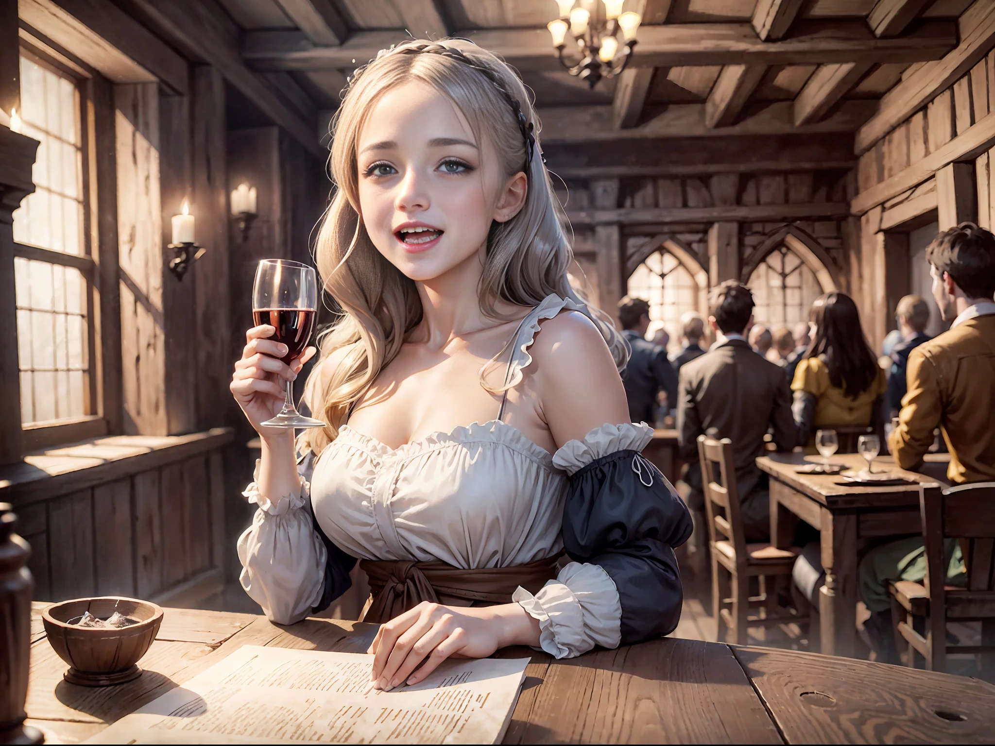 ink line art style ,Inside an old tavern in medieval England,Petite and beautiful tavern girl,Giant breasts, narrow waist, medieval long dress,Half chest exposed,Holding a wooden wine glass and laughing with a group of male guests,Candle light and shadow,Cinematic lighting,Soft focus effect,Detailed and complex background, Baroque style,Renaissance art ,realistic, Track focus,Fill light, Welcoming atmosphere,Place is dirty,confusion,
