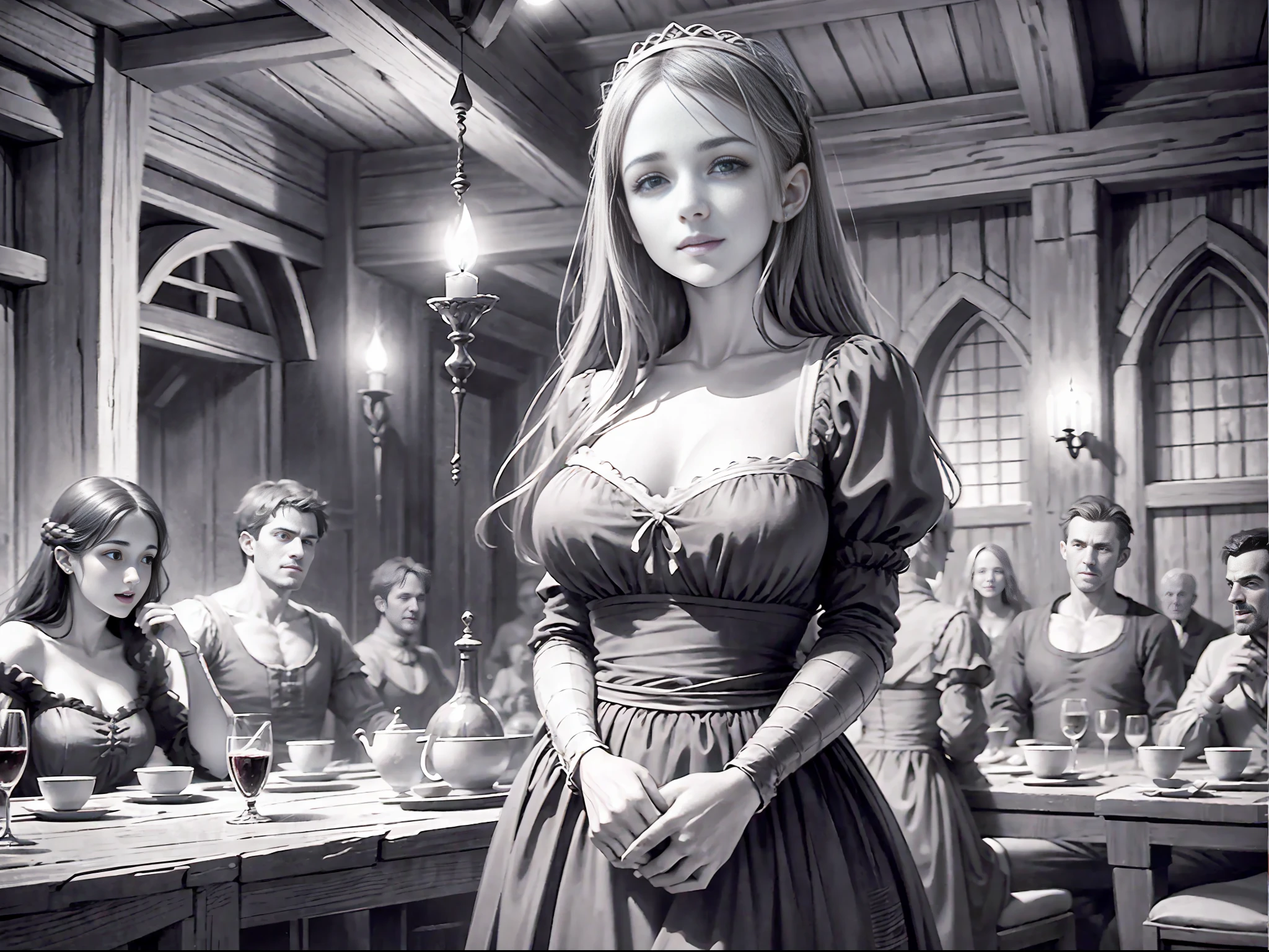 ink line art style ，Inside an old tavern in medieval England，Petite and beautiful tavern girl，Giant breasts, narrow waist, medieval long dress，Half chest exposed，Holding a wooden wine glass and laughing with a group of male guests，Candle light and shadow，Cinematic lighting，Soft focus effect，Detailed and complex background， Baroque style，Renaissance art ，realistic, Track focus，Fill light， Welcoming atmosphere，Place is dirty，confusion，