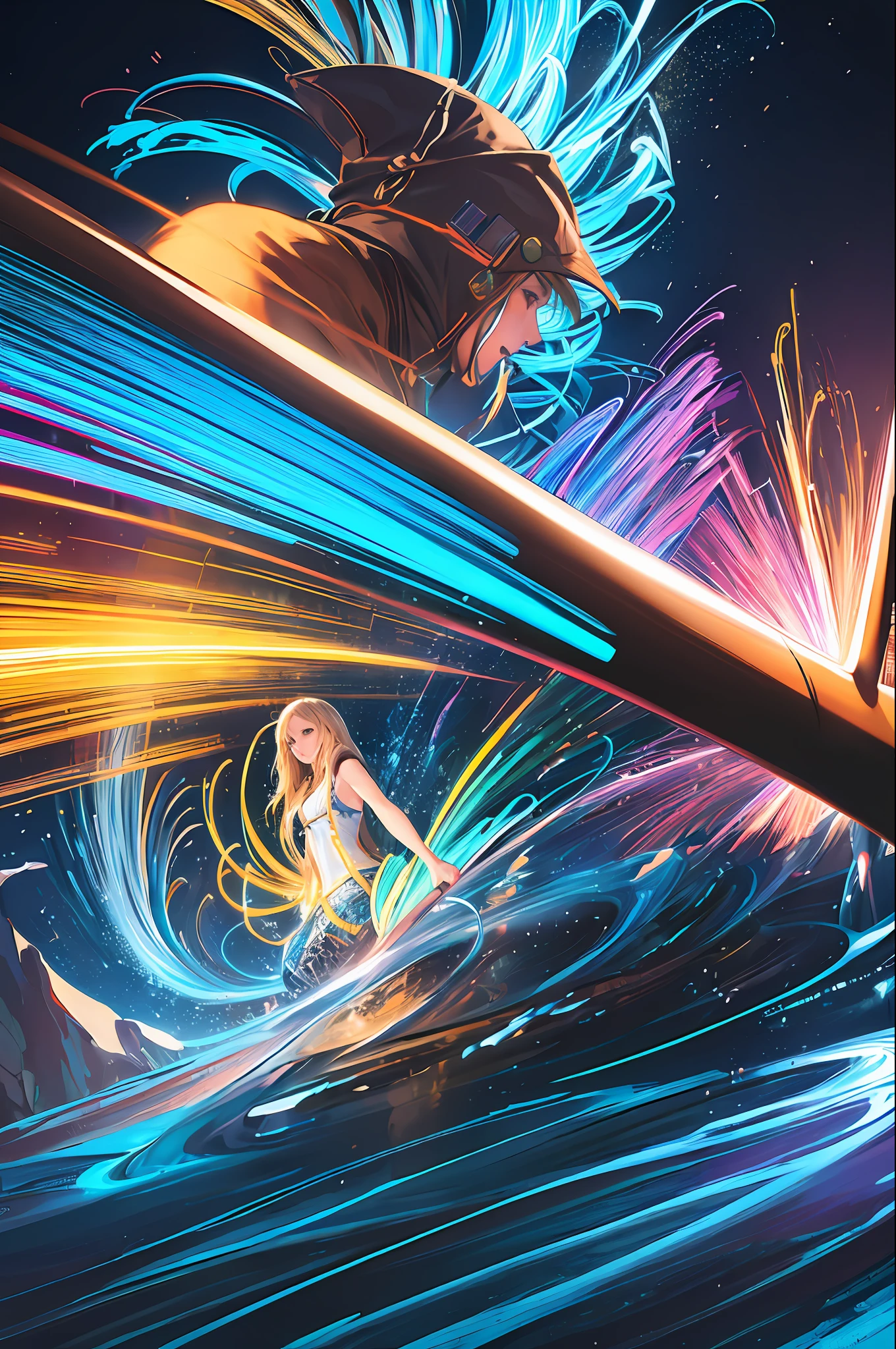 (masterpiece, best quality:1.4), light painting, (long exposure:1.2),dynamic streaks, luminous trails, vibrant colors, fluid movement, captivating patterns, creative experimentation,(1girl),(highest detailed),(cowboy shot:1.2),dynamic pose