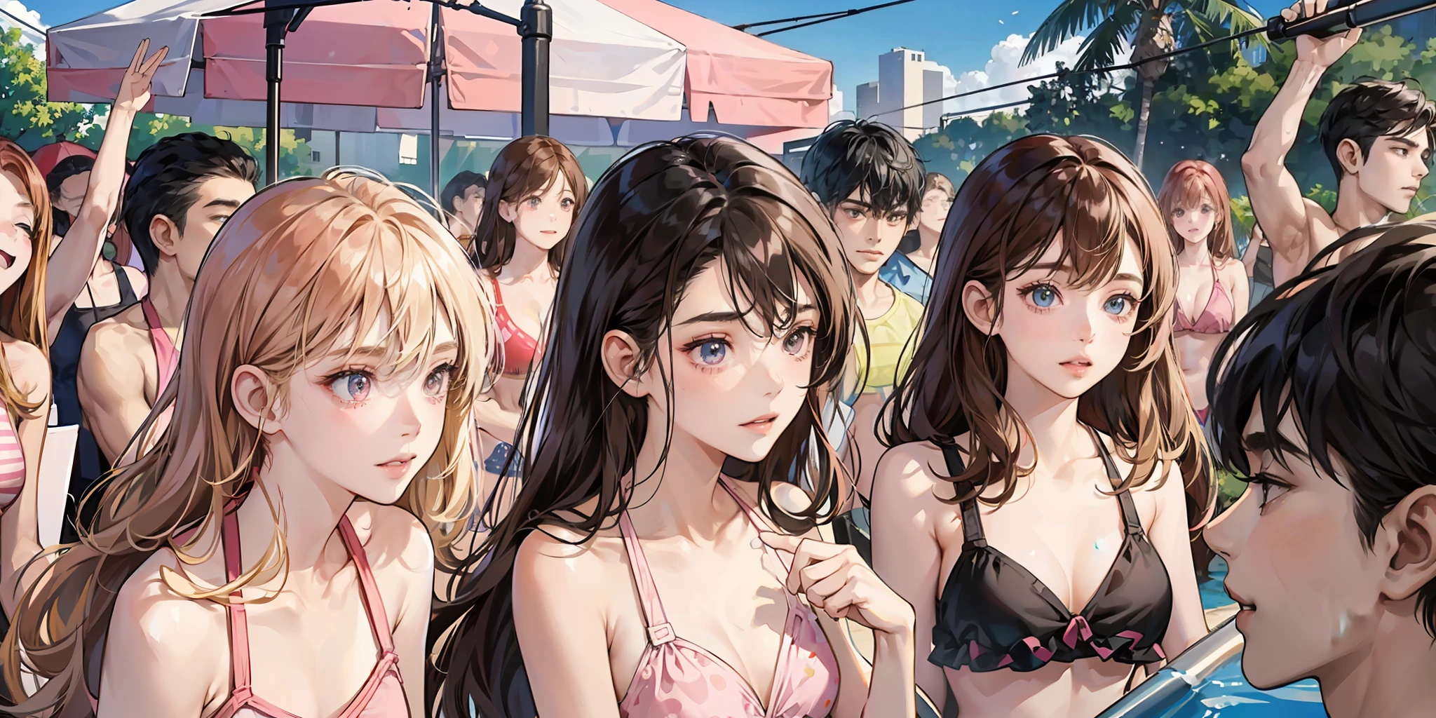 {{Teenage female, caucasian, hundreds of girls, thousands of girls, multiple girls, many girls, only girls, crowd shot}}, looking at viewer, hazel eyes, extremely detailed, brown hair, blonde hair, red hair, black hair, ((pink bikinis, matching bikinis, identical bikinis)), pool, pool party, crowd of girls, girls partying, happy, best quality, high quality, extremely detailed anime screencap