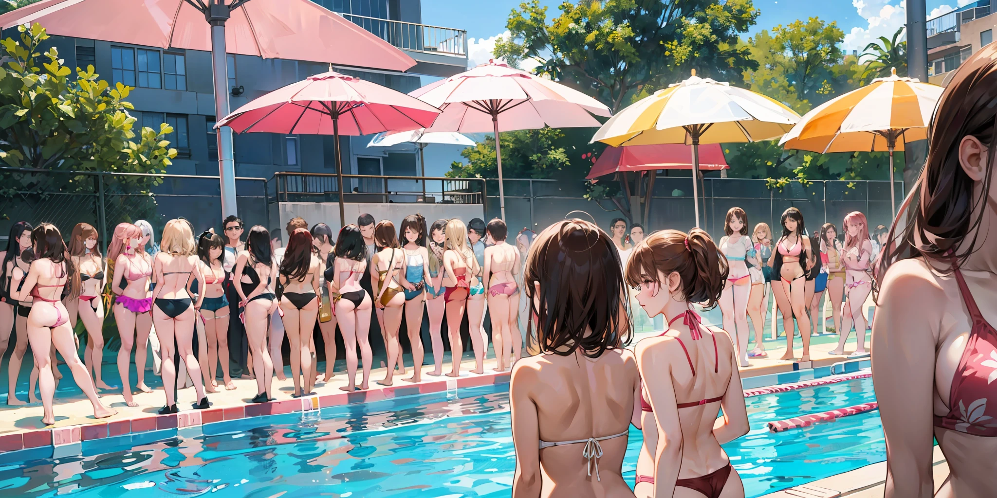 {{age female, caucasian, hundreds of girls, thousands of girls, multiple girls, many girls, only girls, crowd shot}}, looking at viewer, hazel eyes, extremely detailed, brown hair, blonde hair, red hair, black hair, ((pink bikinis, matching bikinis, identical bikinis)), pool, pool party, crowd of girls, girls partying, happy, best quality, high quality, extremely detailed anime screencap