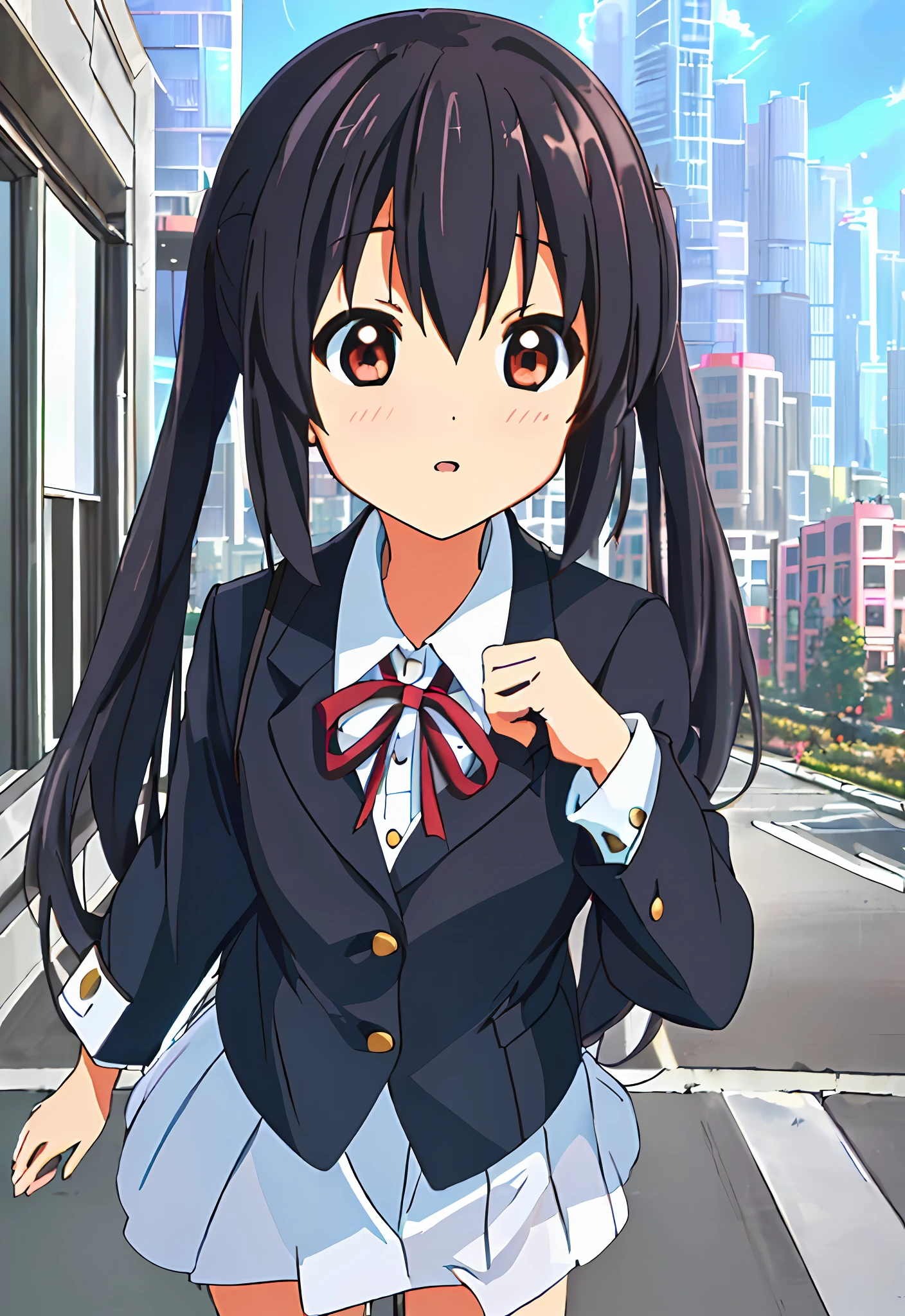 1girl, ((((Masterpiece))), Best Quality, Best Quality, High Detail, Azusa Nakano, 1girl, Sakuragaoka High School Uniform, Musical Instrument, School Uniform, Twin Tails, Long Hair, Black Hair, Brown Eyes, Solo, Red, Dark blue blazer with a thin ribbon of red, Solid white button shirt under blazer, Illustration, Cartoon, Soothing tones, Muted colors, Soft cinematic light, Adobe Lightroom, Photo Lab, HDR, complex and highly detailed, (((depth of field))))). (((Masterpiece))). (((highest quality))).) ((super detail))). (((Illustration))). (((Outside))). (((fighting stance))).,((((Giantization))).dynamic focus.small breasts. (((skyscrapers))). (((Cityscape))).