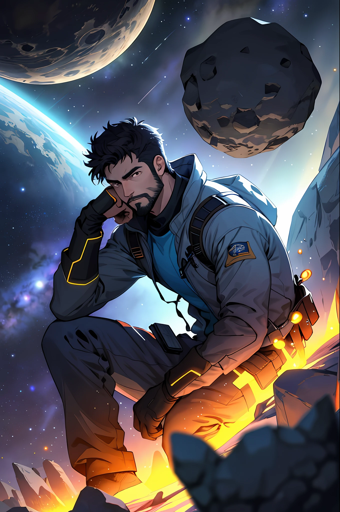 Draw a young programmer, sitting on a research platform floating in the middle of an asteroid belt. He is studying with a notebook, surrounded by several asteroids glowing with fiery auras. Dramatic lighting from distant stars and planets illuminates the scene, casting deep shadows on the suit. The young man looks confident and determined, looking at the vast and mysterious universe with wonder and respect,facial hair, cowboy shot,