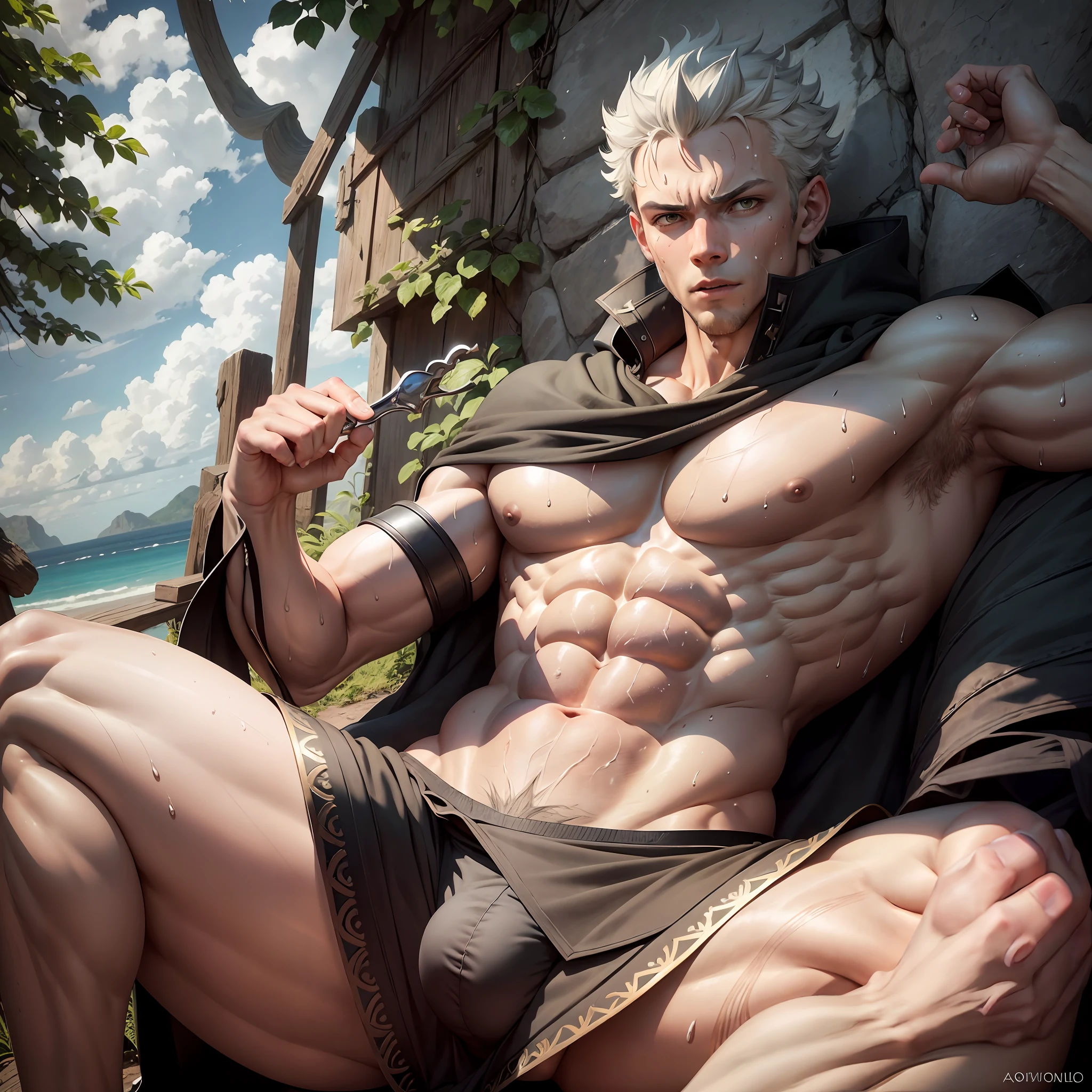 asta, blackclover.,POV,top angle,butt lift, male, solo, veiny muscles,(sweat:1.3),outdoors, extreme bulge,massive bulge,hyper bulge, bodily fluids,precum,pain expression,hd, dark shadows, wide dynamic range, hdr, low light:1.2, no clothes, naked, big balls, open legs, (raised legs:1.4), showing round butt, correct anatomy, explicit content, armpit,Uncensored, bara, pubic hair, (highly detailed:1.3), photorealistic, hyper realistic, ultra detailed,pleasure, masterpiece, detailed, scene, portrait, dripping, green eyes --auto --s2